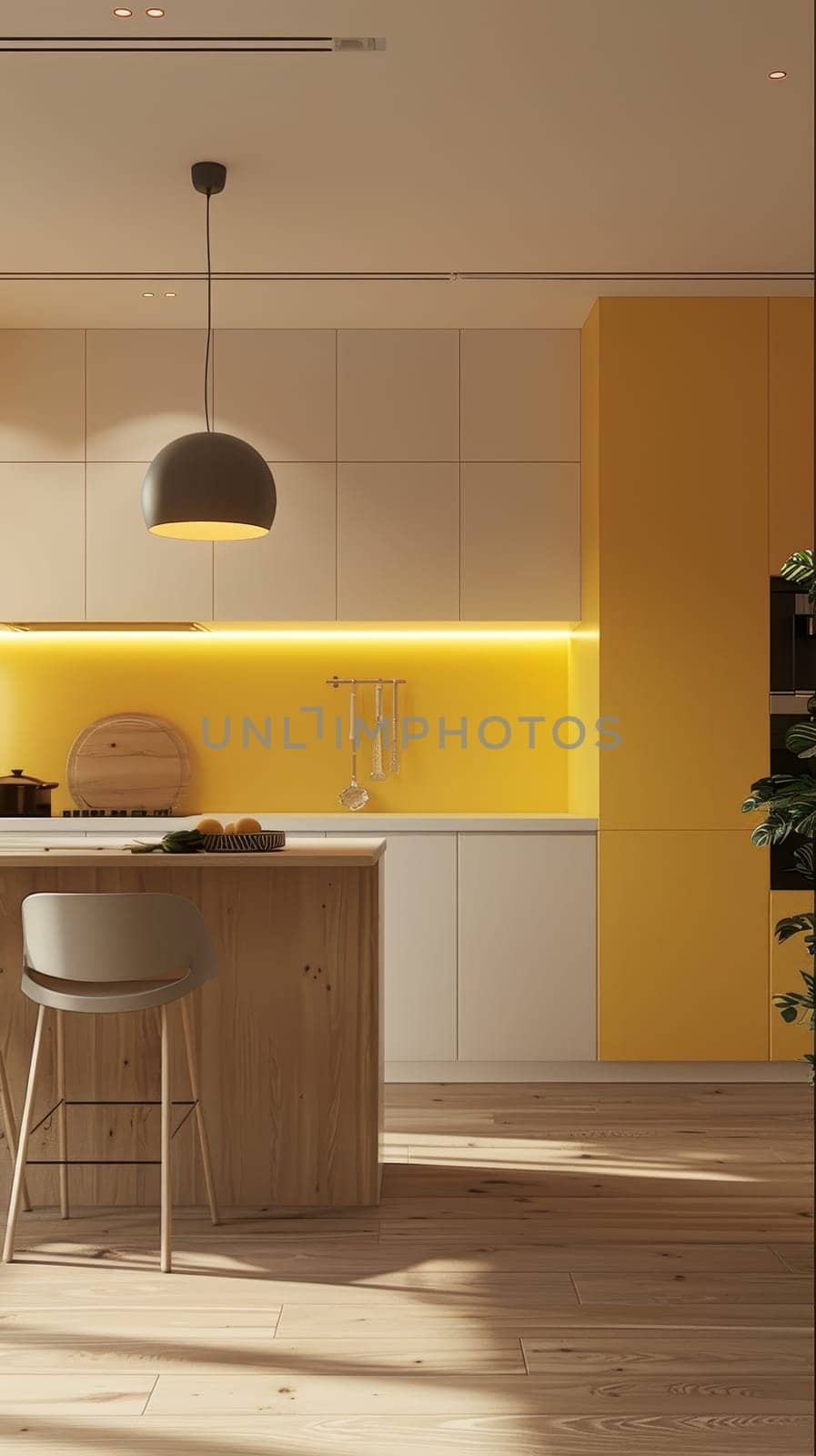 A modern kitchenette glows with warm lighting and a yellow accent, creating a sleek and inviting culinary space