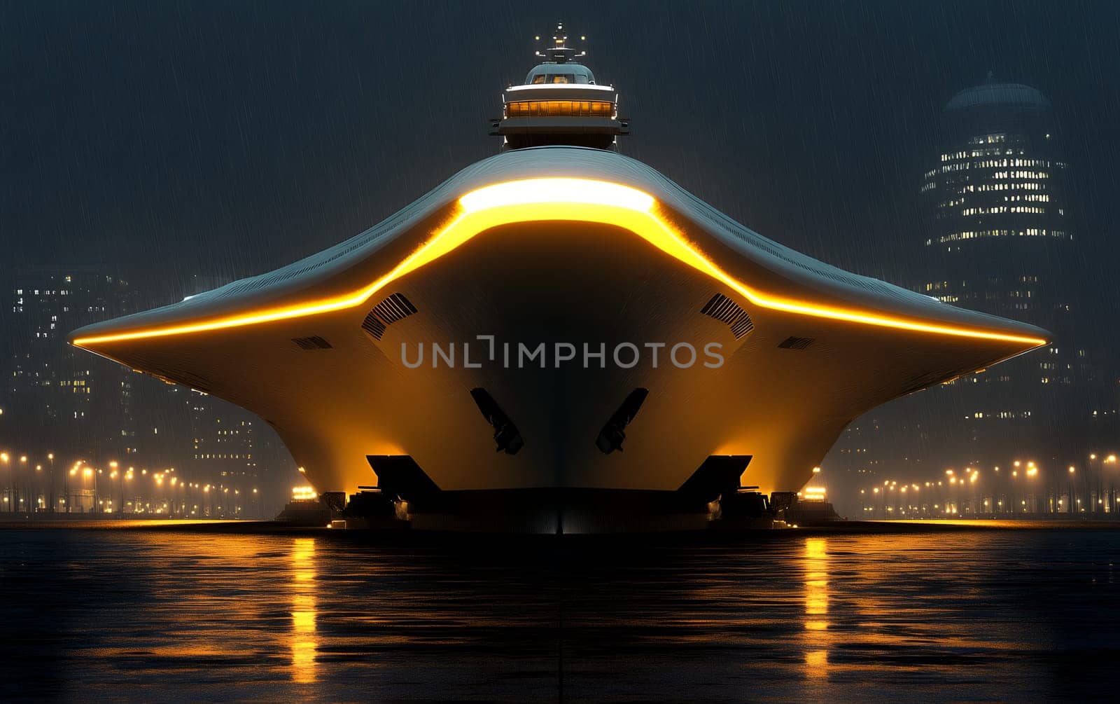 Illuminated futuristic ship docked at night in a rainy city.