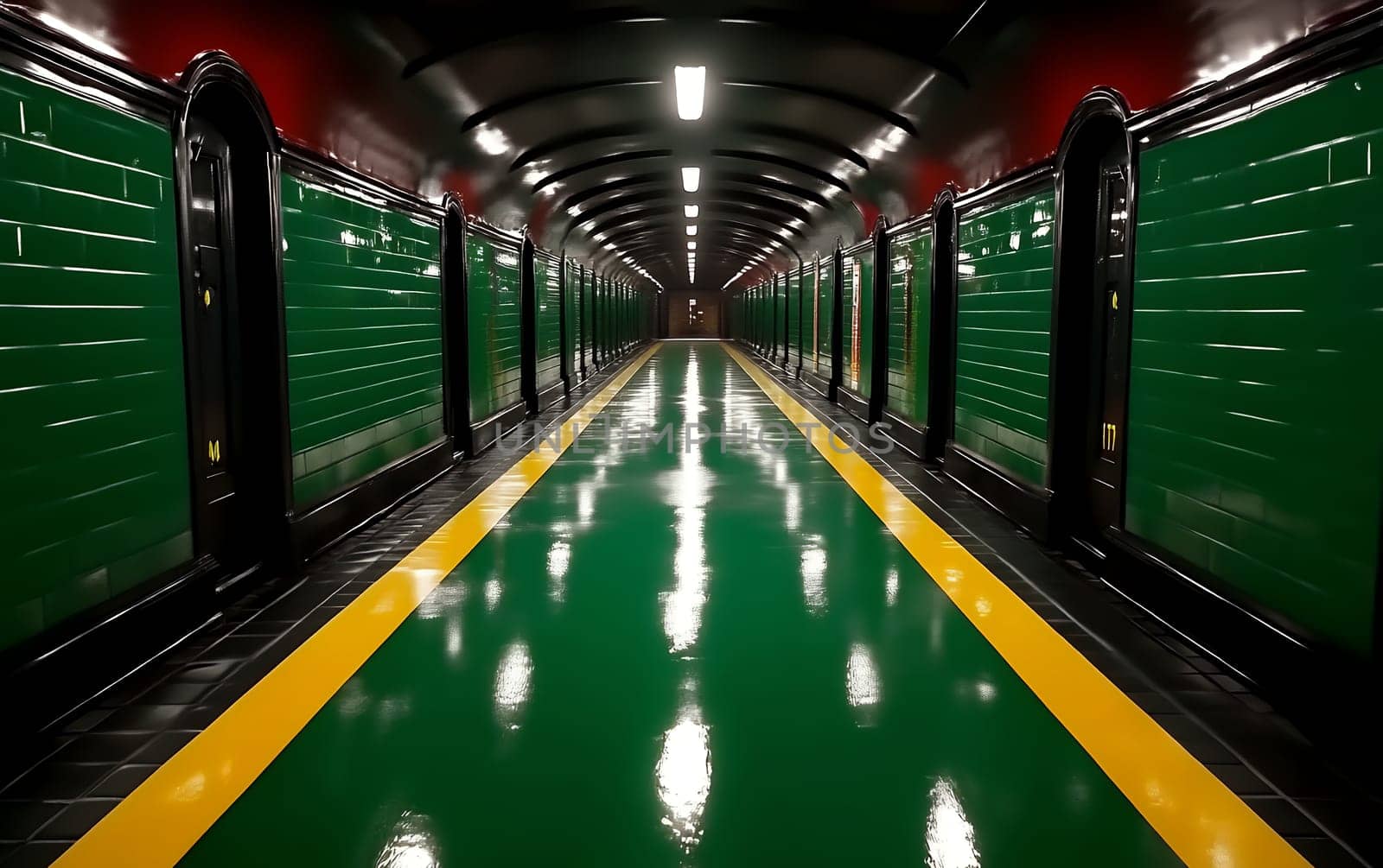 Vibrant green and yellow tile interior of metro tunnel.