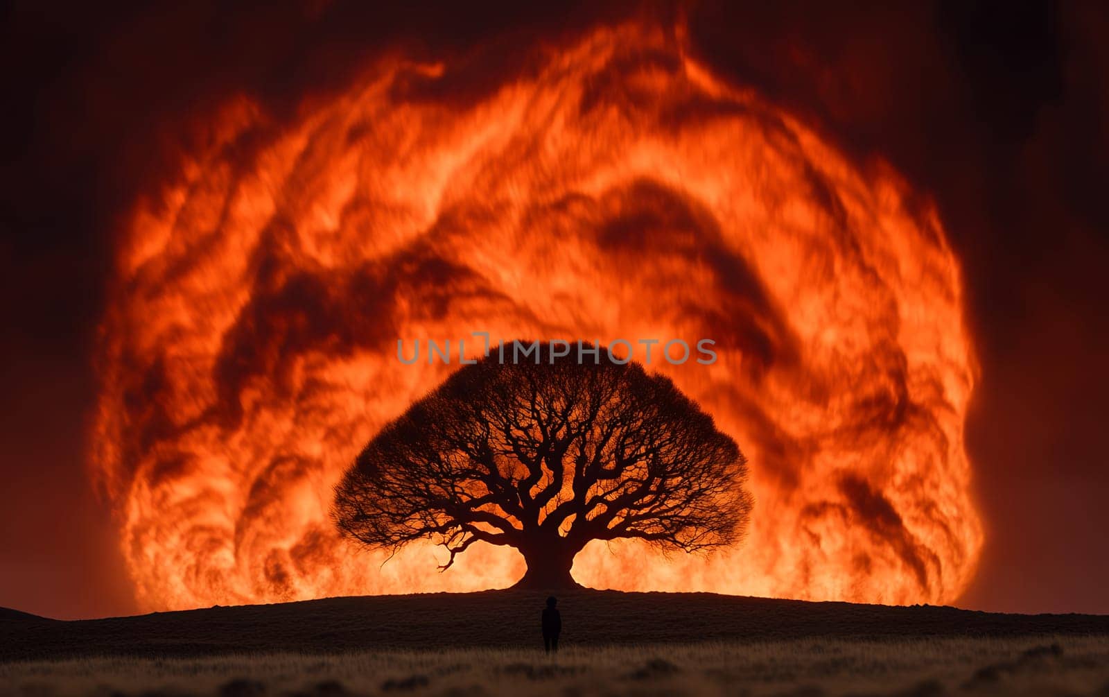 Majestic tree silhouette against fiery sky at sunset.