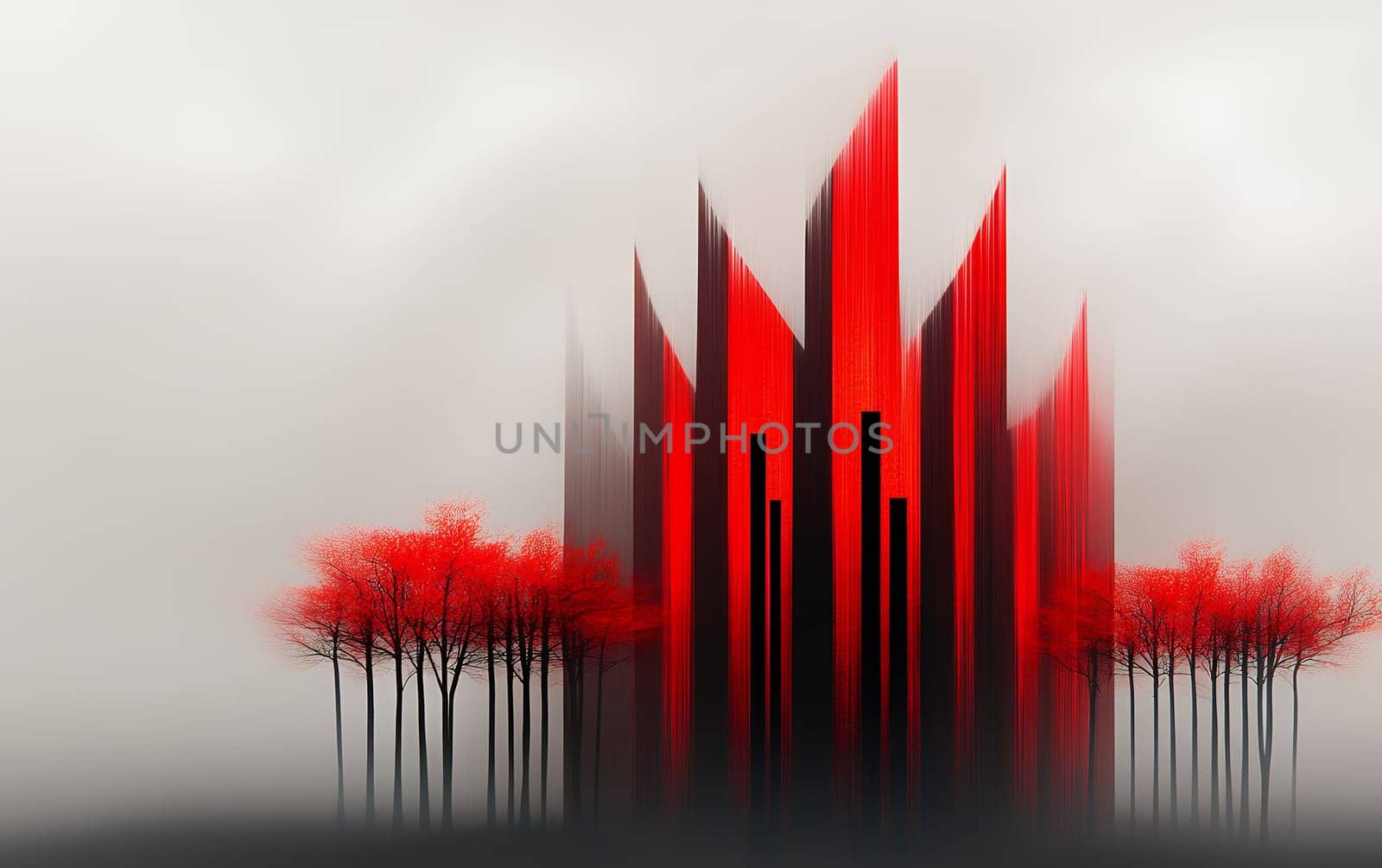 Abstract red structures and trees in a surreal landscape.