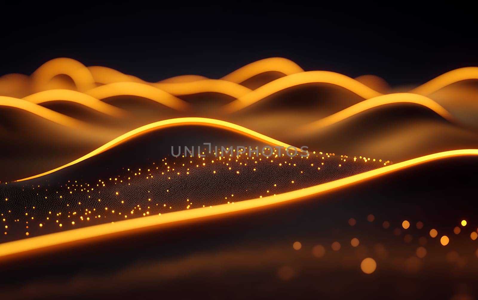 Glowing abstract waves with dots in a dark setting.