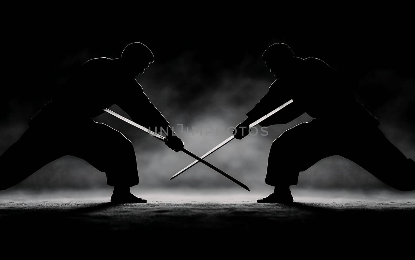 Silhouetted martial artists in intense sword battle against smoky background.