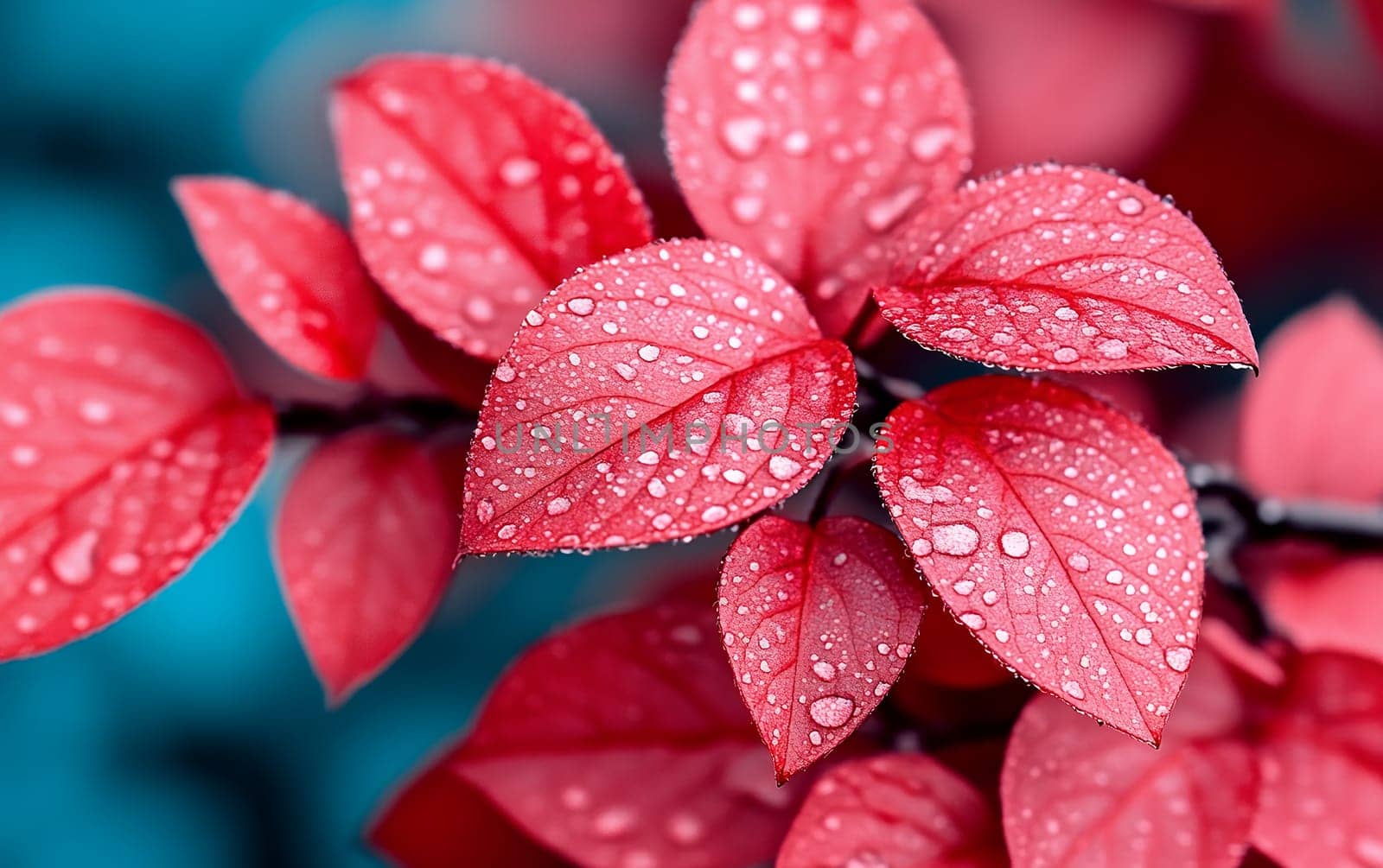 Vibrant red leaves with morning dew drops in focused close-up.