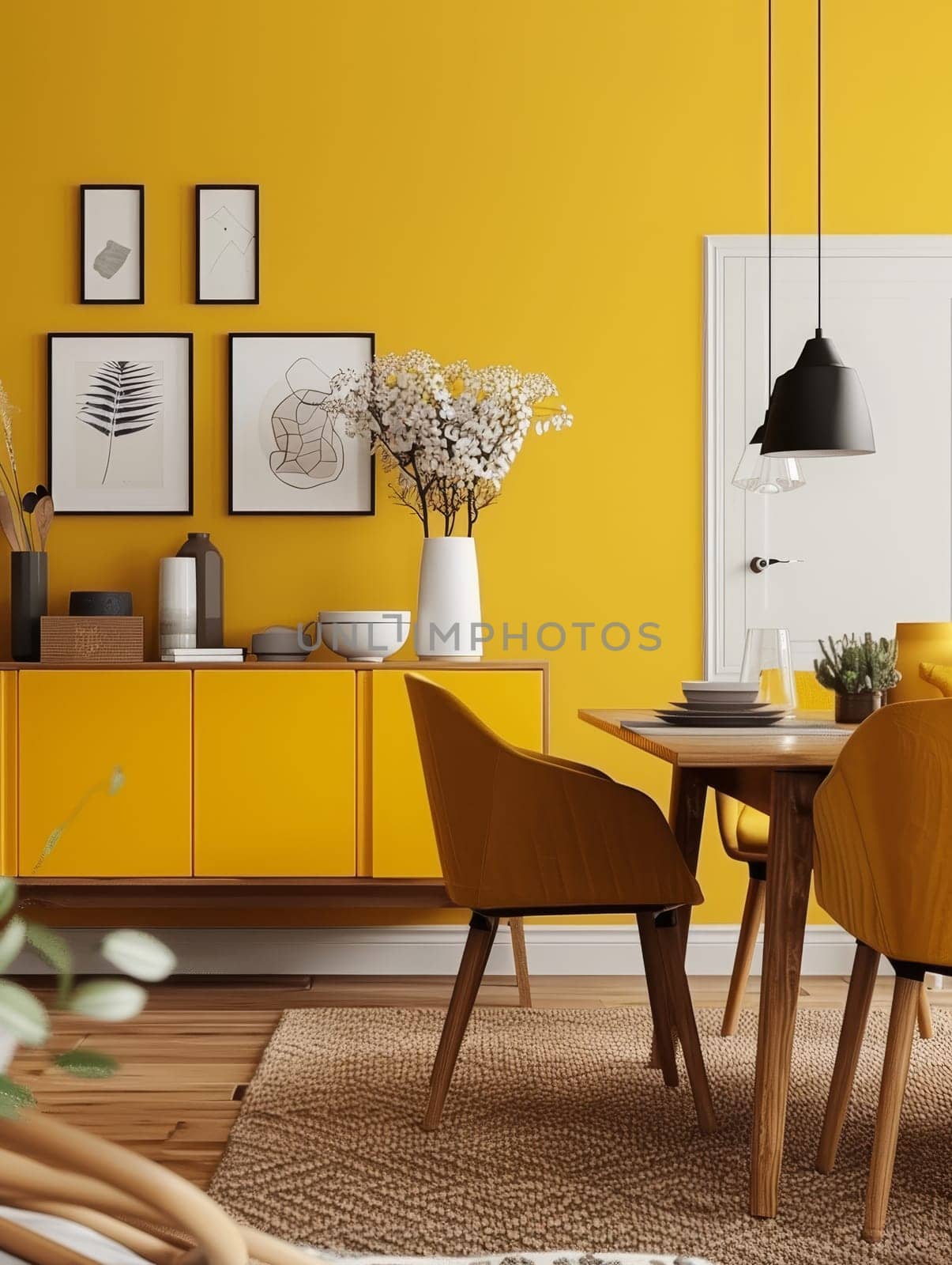 Mustard dining chairs complement a vibrant yellow wall, adorned with monochrome art and soft lighting