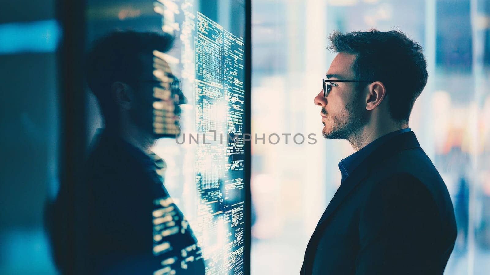 A dynamic portrayal of a cybersecurity professional with a mirrored effect, symbolizing vigilance, duality, and the complexity of digital defense in a modern, tech-driven world.