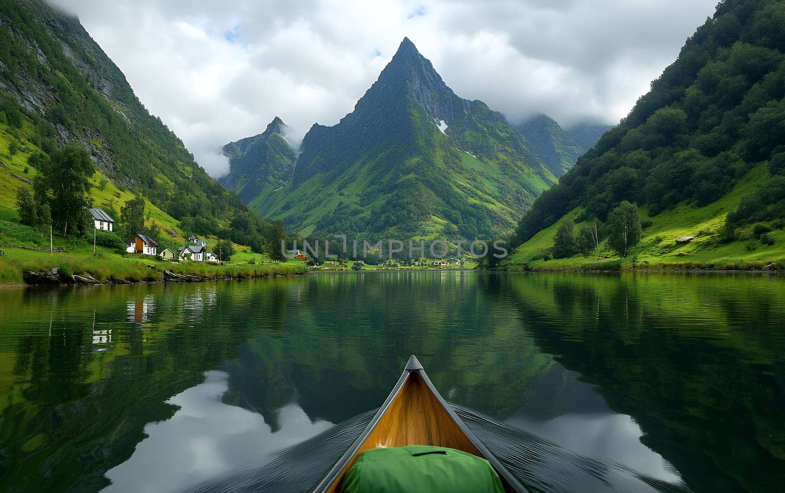 Scenic canoe journey in serene mountain lake with lush greenery and reflection.