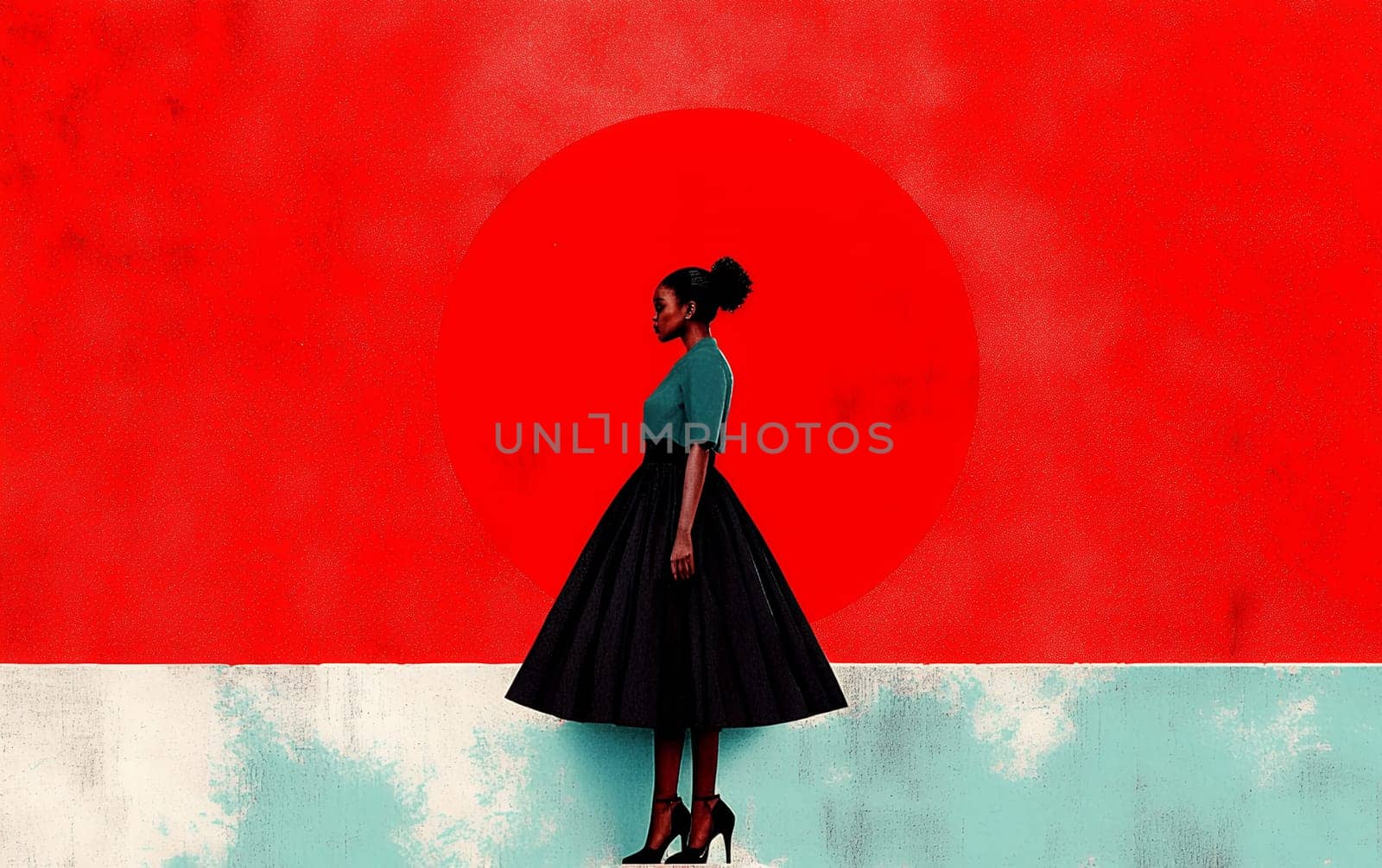 African female against bold red background with geometric design.