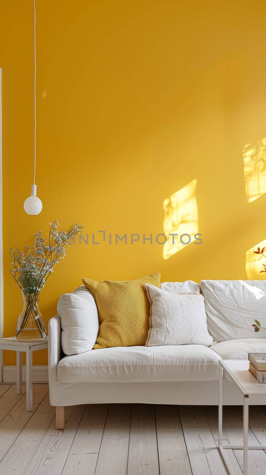 A soft white couch accented with yellow pillows faces a sunlit wall, creating a snug and inviting atmosphere