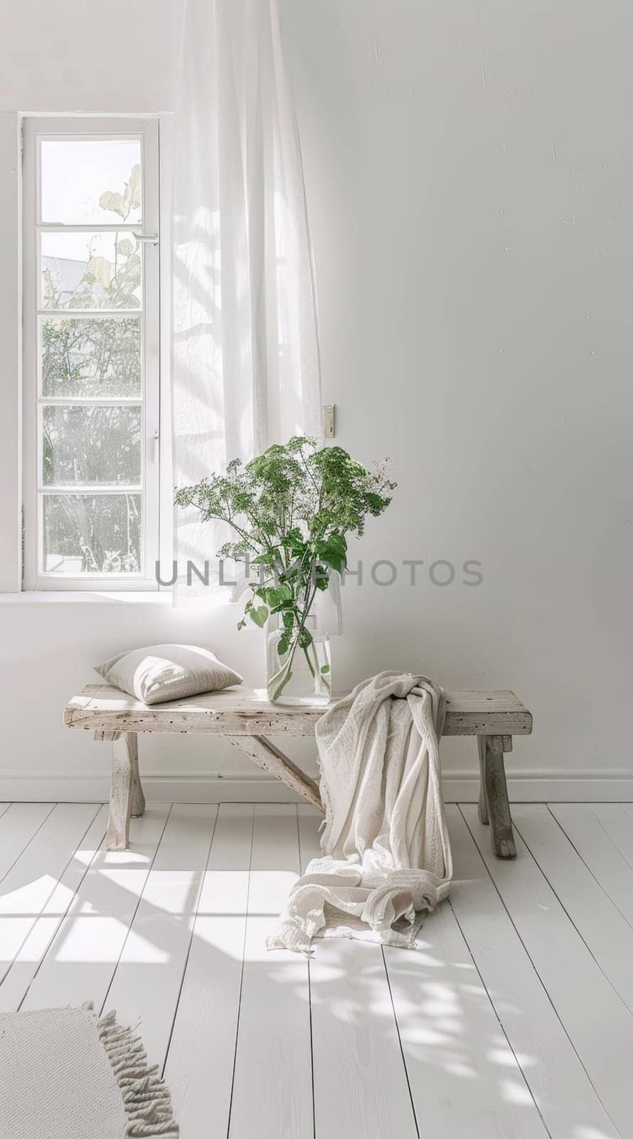 A sunlit reading nook in white, with cozy accents inviting peaceful contemplation