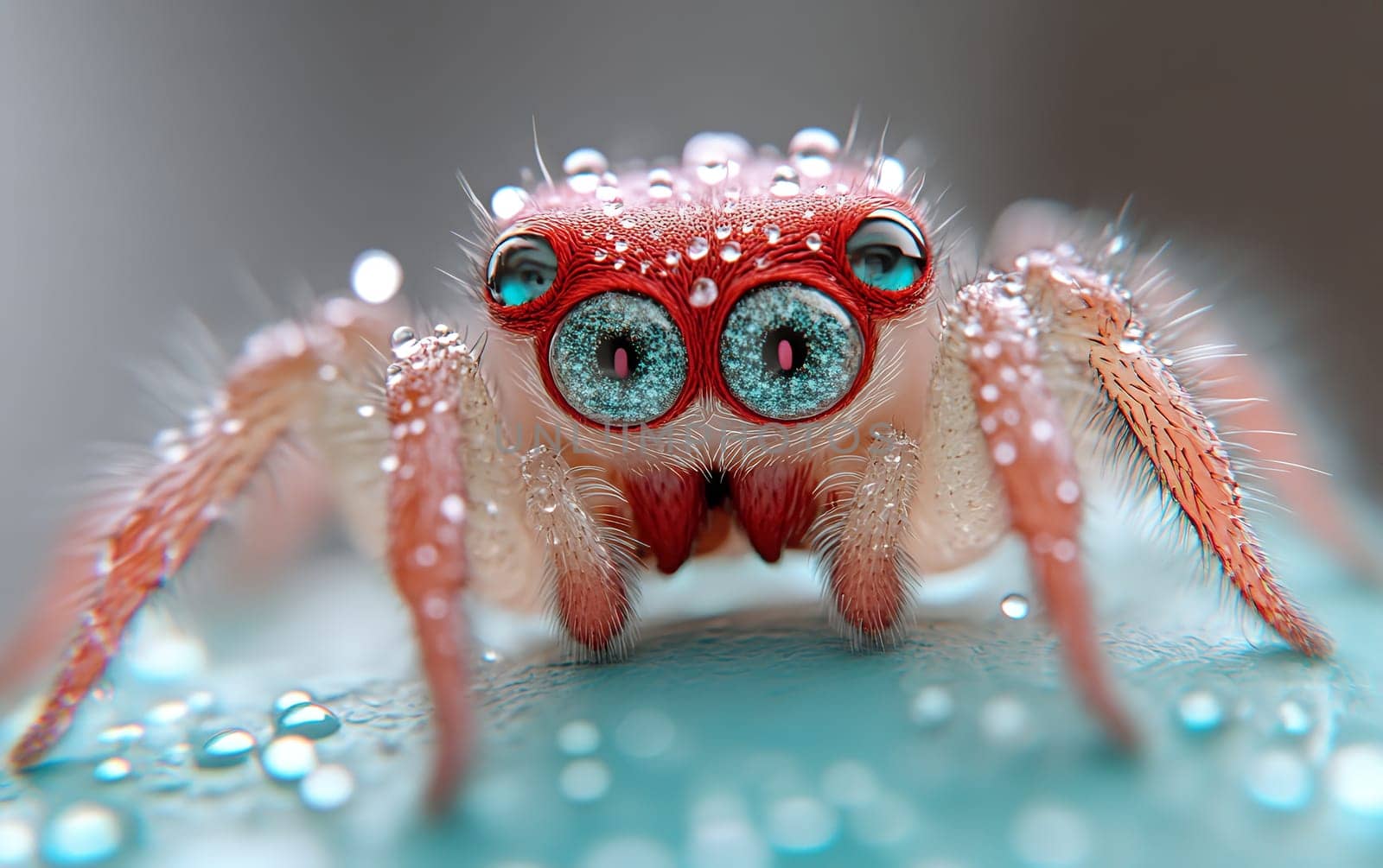 Close-up of colorful jumping spider with water droplets on its body.