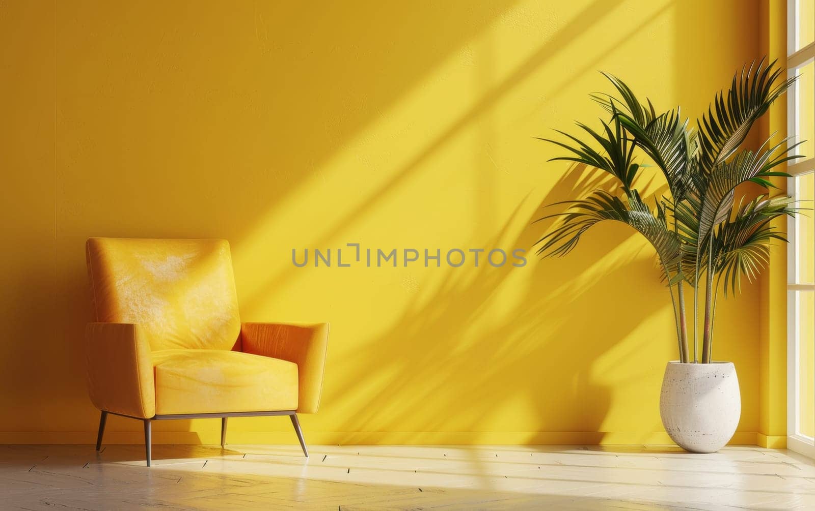 A sleek yellow armchair sits in a sunlit corner, casting bold shadows on the vibrant wall, with a potted palm adding a touch of green