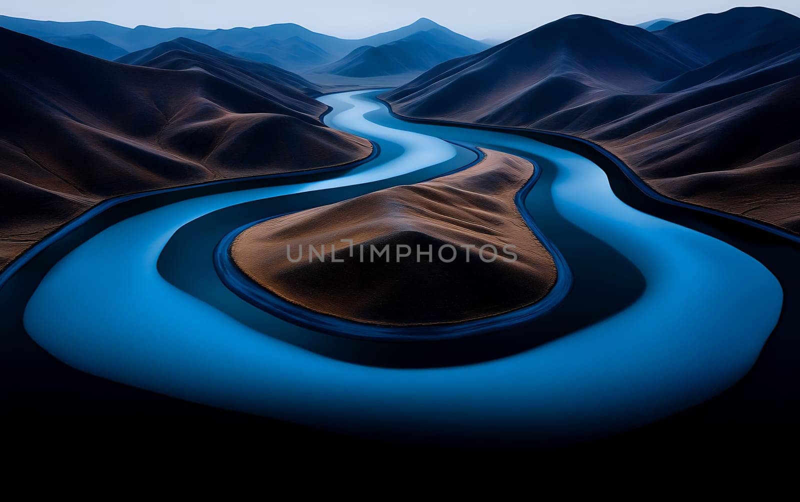 Serene aerial view of meandering river and rolling hills at dusk.