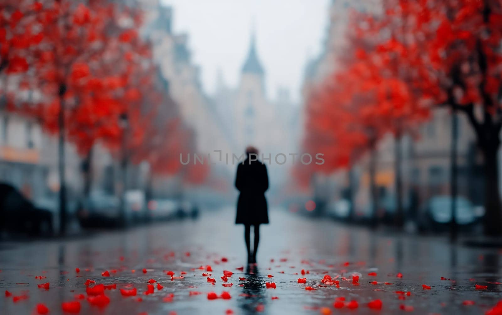 Female figure walking in autumnal urban landscape with red trees in focus.
