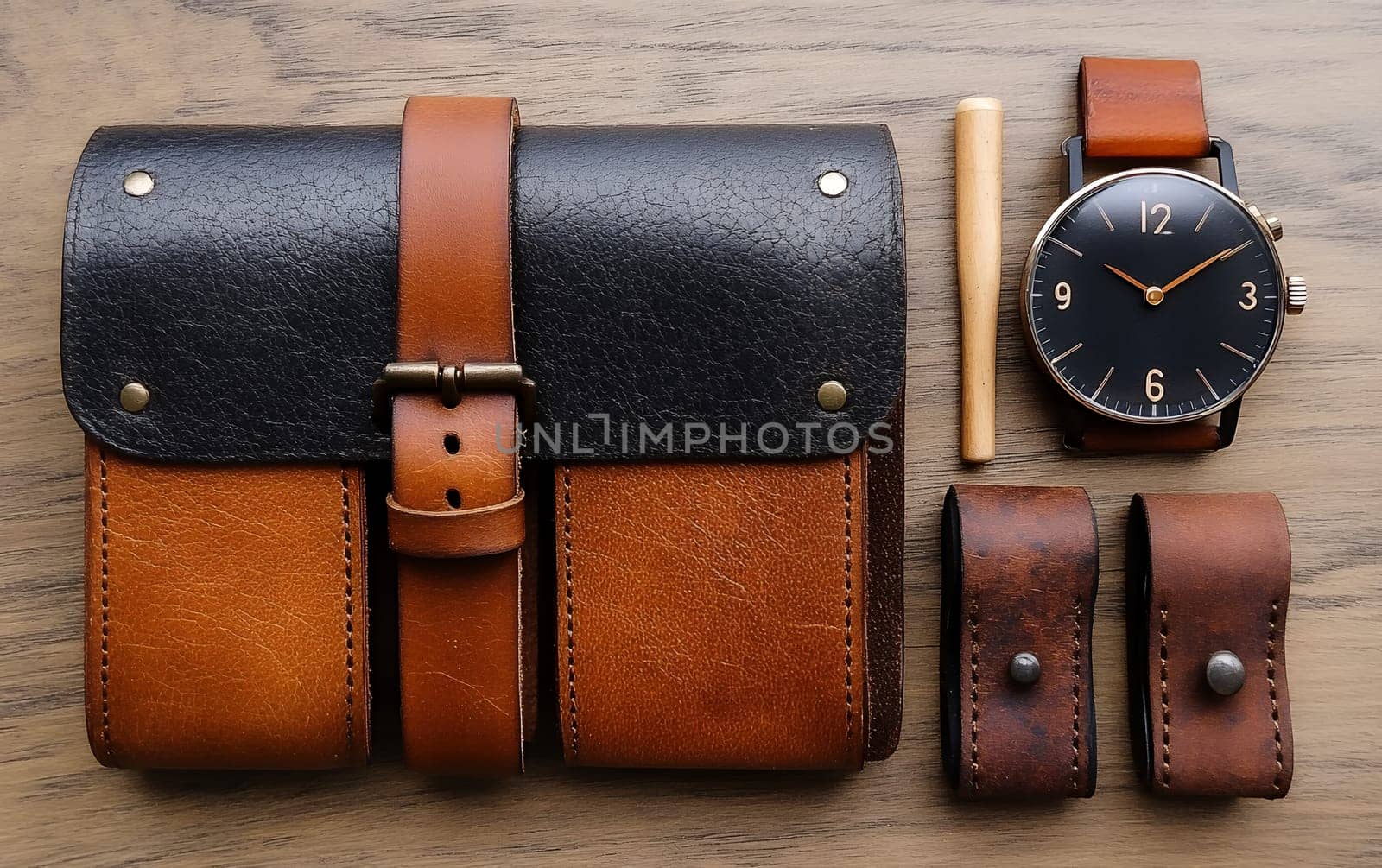 Stylish leather accessories with brown wallet and watch on wooden surface.
