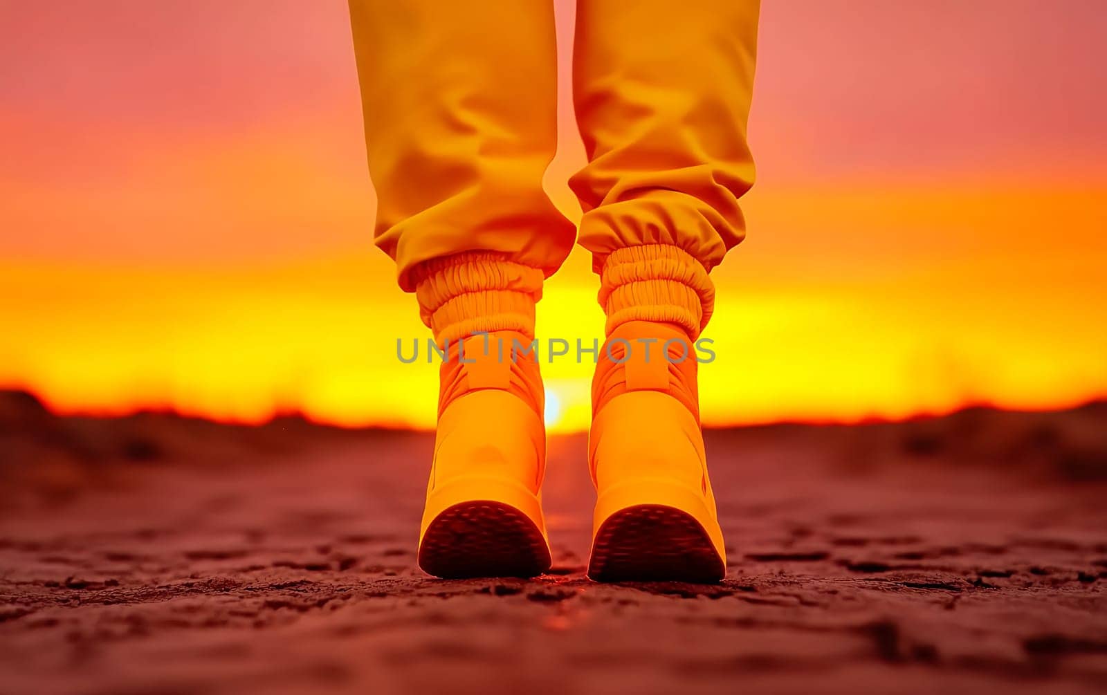 Vibrant yellow shoes in desert sunset landscape.