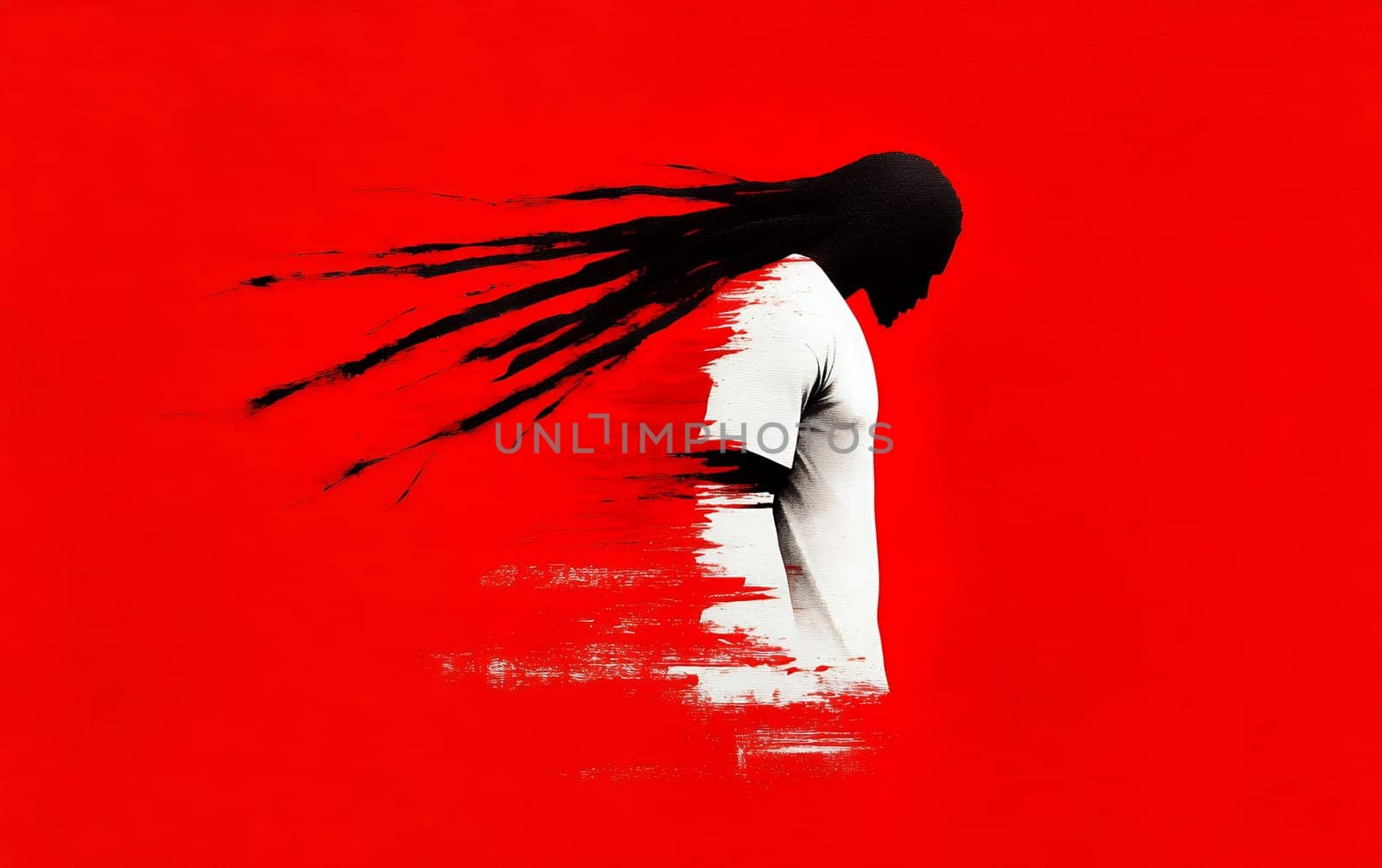 Abstract illustration of african male with flowing hair on red background.