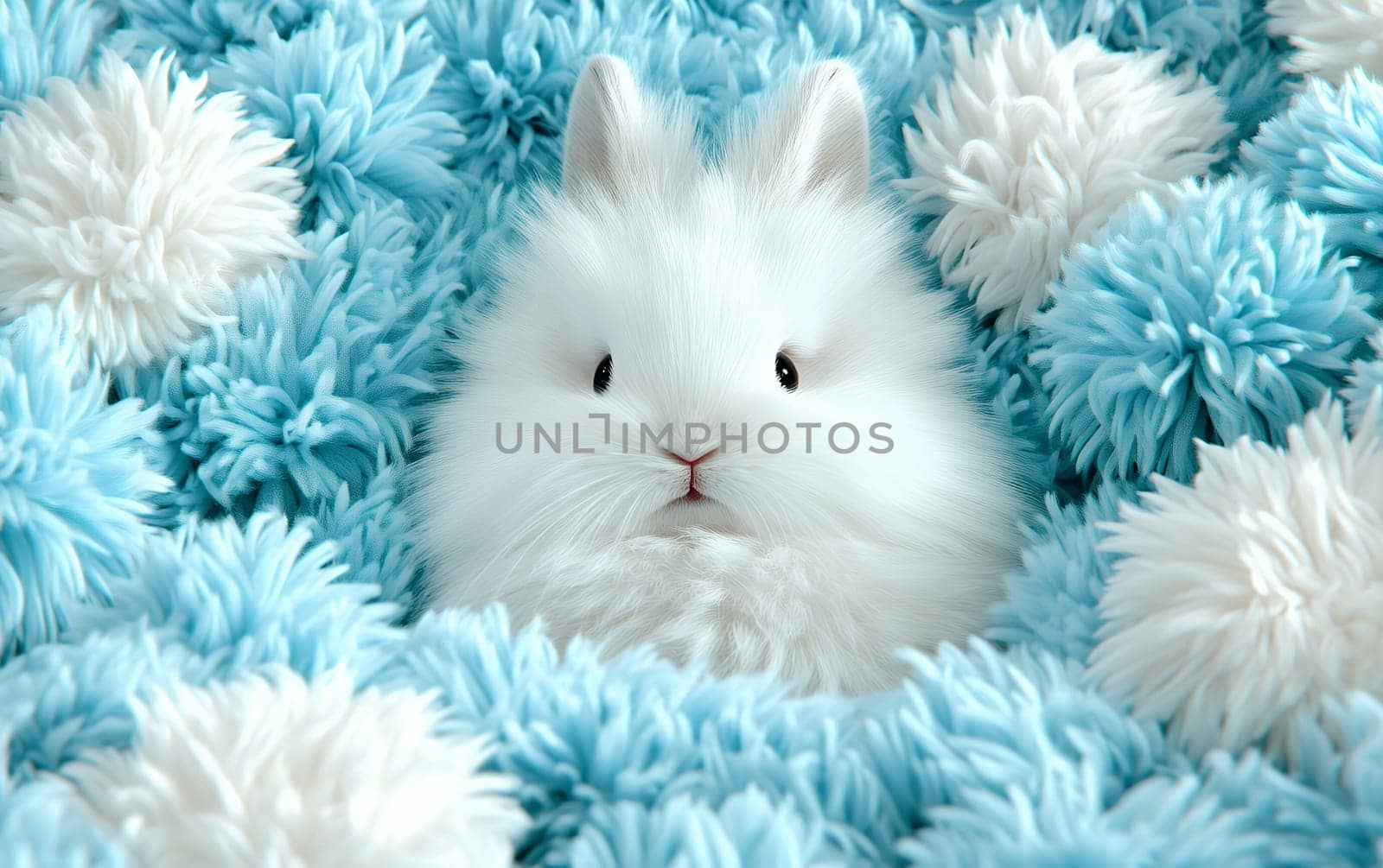 Fluffy white bunny nestled in soft blue and white blanket.
