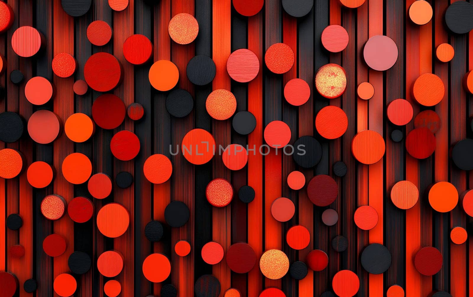 Vibrant red and black circular patterns on vertical background.