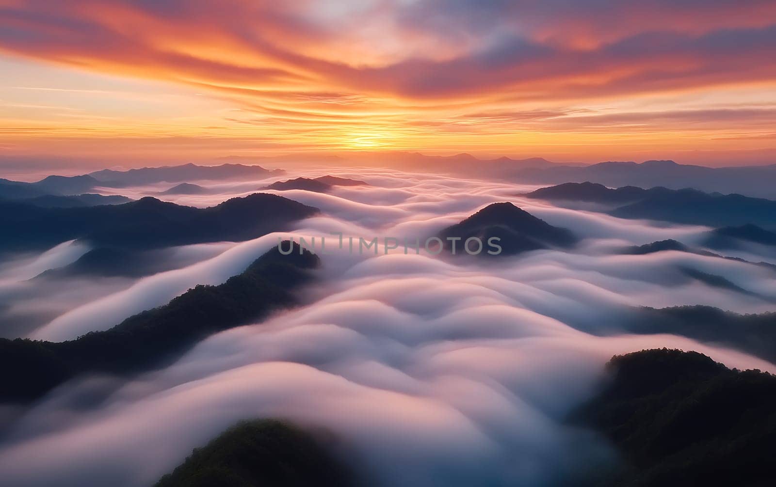 Spectacular sunrise over misty mountains with vibrant clouds and warm light.