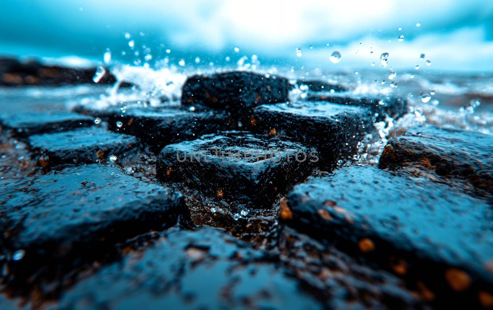 Close-up of giant's causeway basalt columns with splashing water.