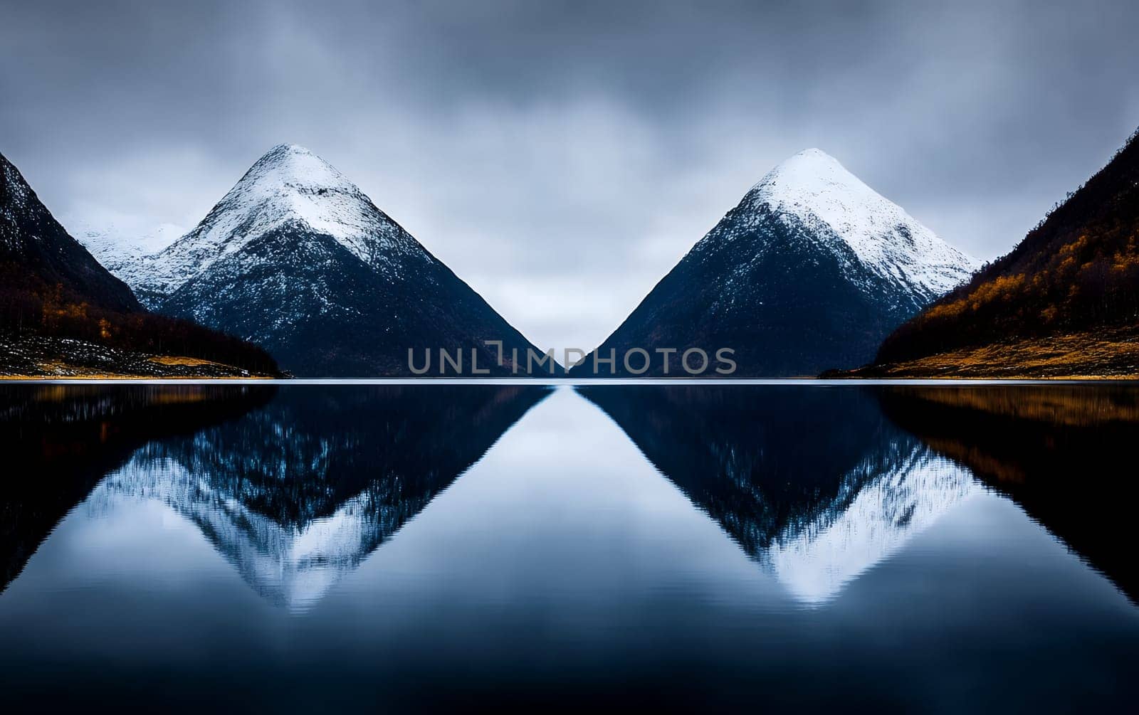 Tranquil reflection of snow-capped mountains on a calm lake.