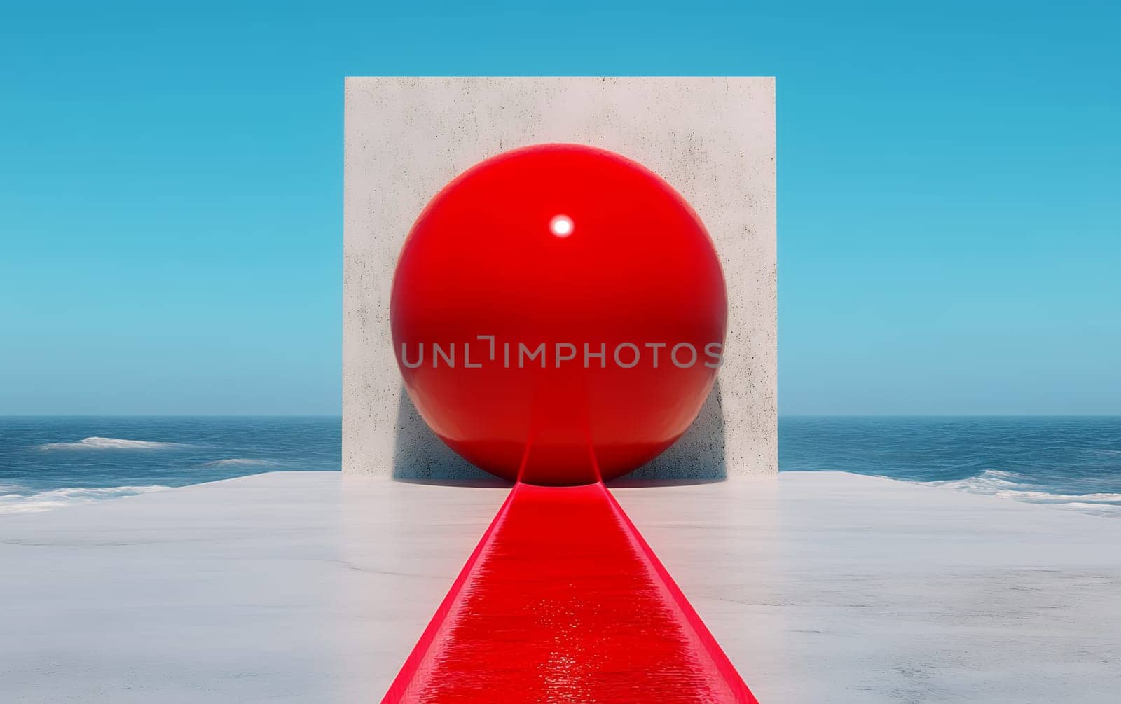 Abstract red sphere and linear pathway against ocean horizon.