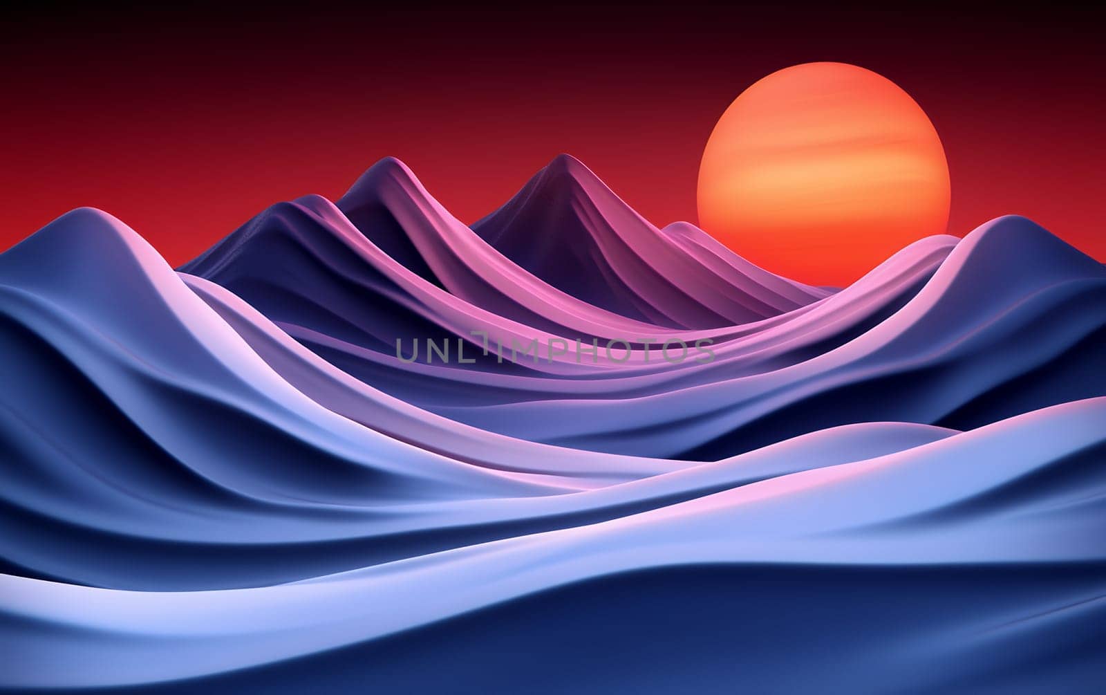 Abstract landscape with vibrant waves and sunset.