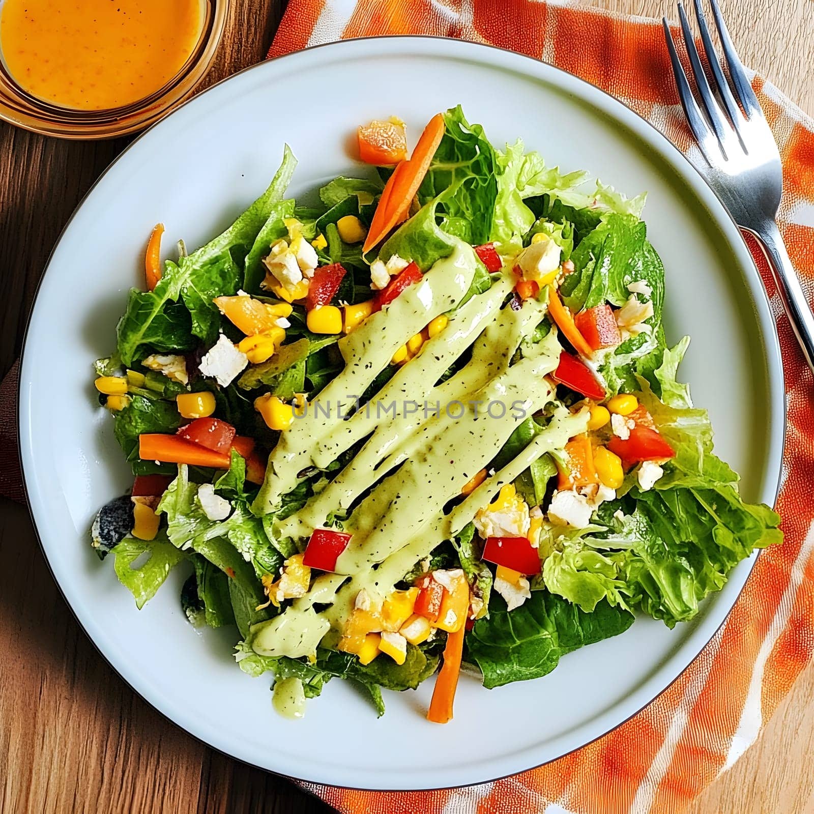 Tasty Mixed Salad vegetables with American Dressing meal dish