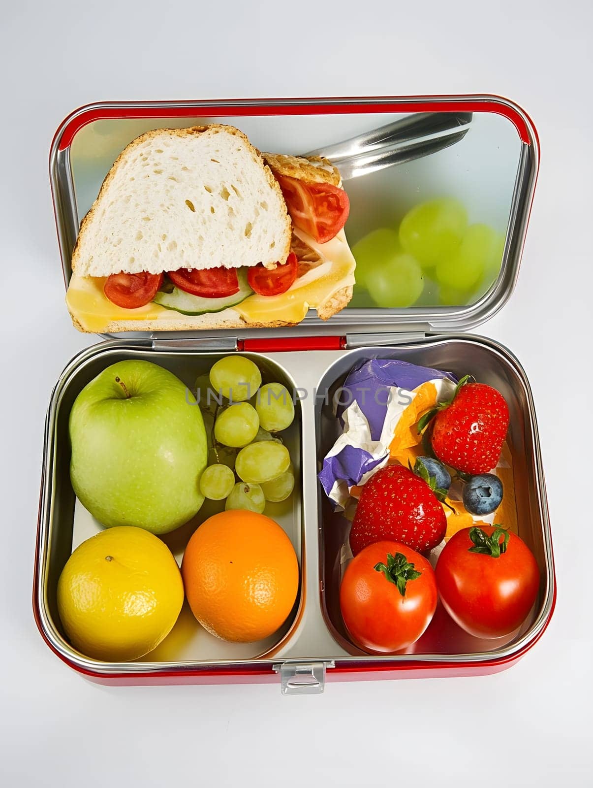 Lunch box Healthy sandwich and fruits break food dish