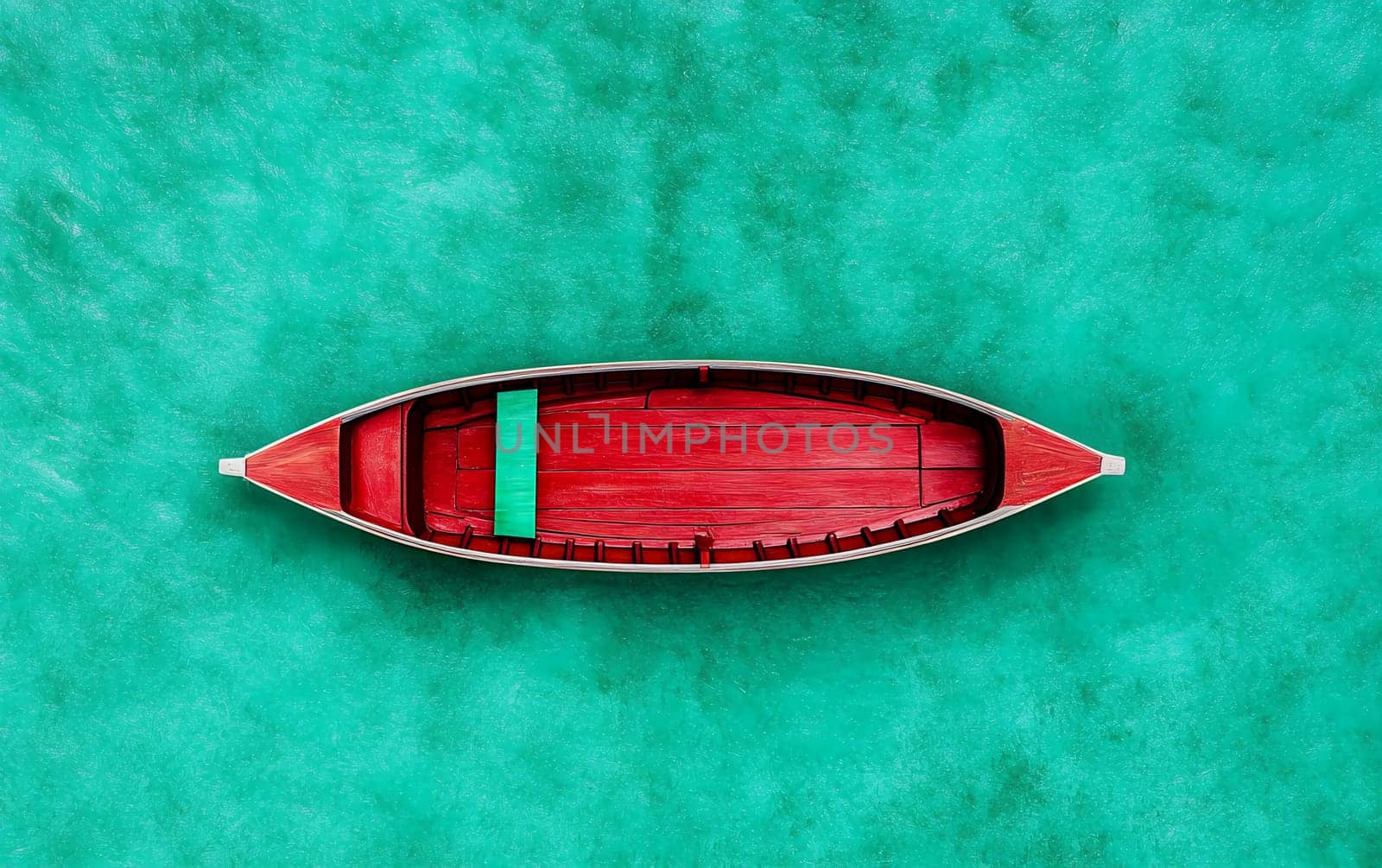 Red boat on turquoise ocean water - top view of vibrant wooden vessel.