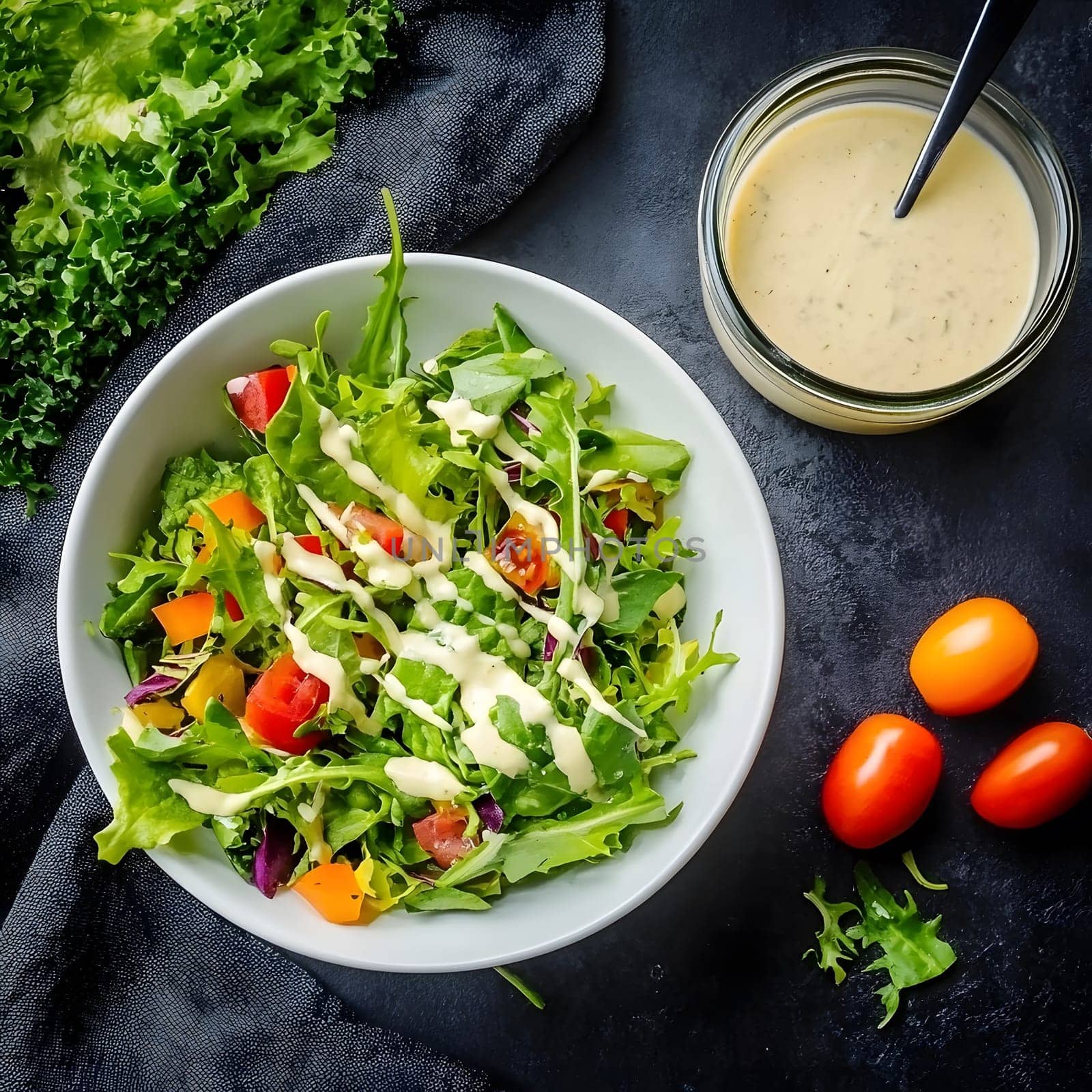 Tasty Mixed Salad vegetables with American Dressing meal dish