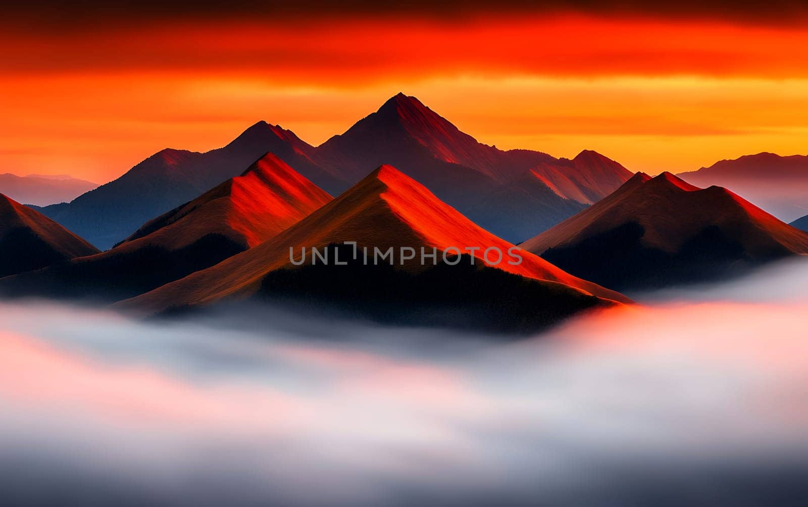 Majestic mountain peaks at sunset with dramatic orange sky and misty fog.