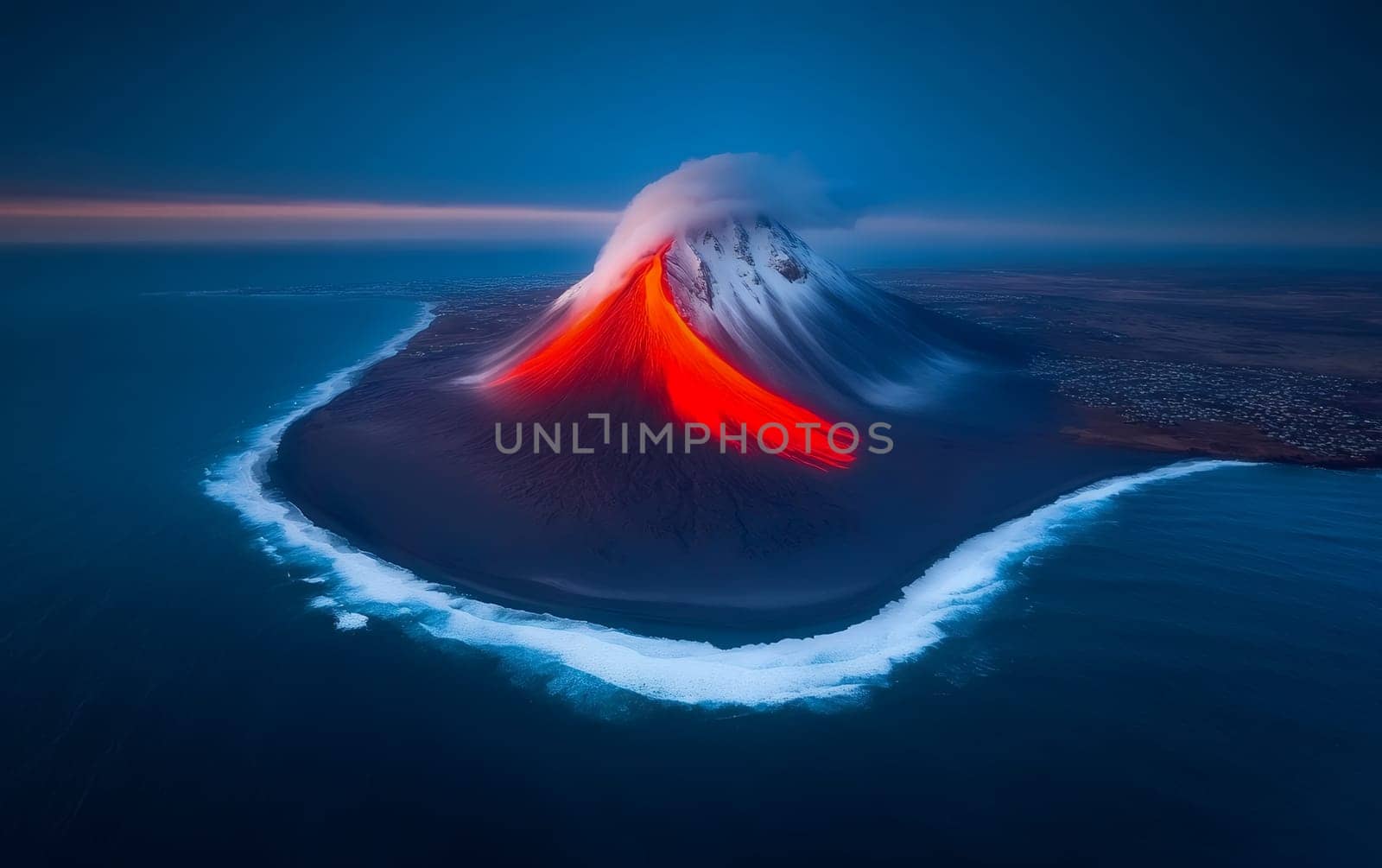 Awe-inspiring eruption of a lone island volcano at dusk.