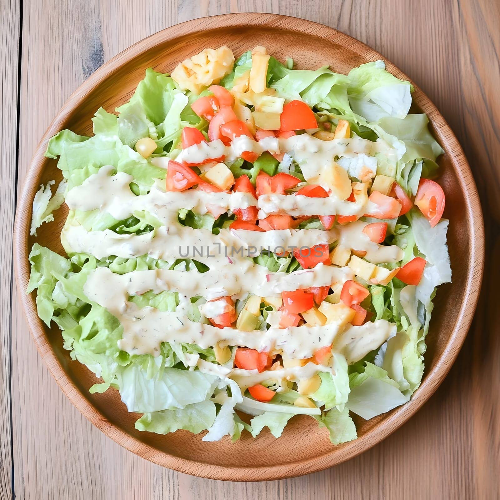 Tasty Mixed Salad vegetables with American Dressing meal dish