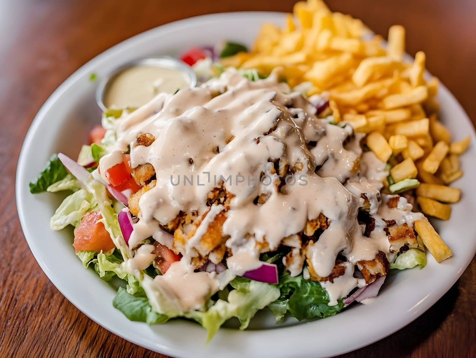 Tasty Mixed Salad vegetables with American Dressing meal dish