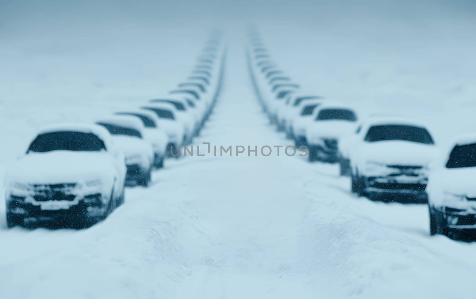 Endless row of snow-covered cars in winter landscape.