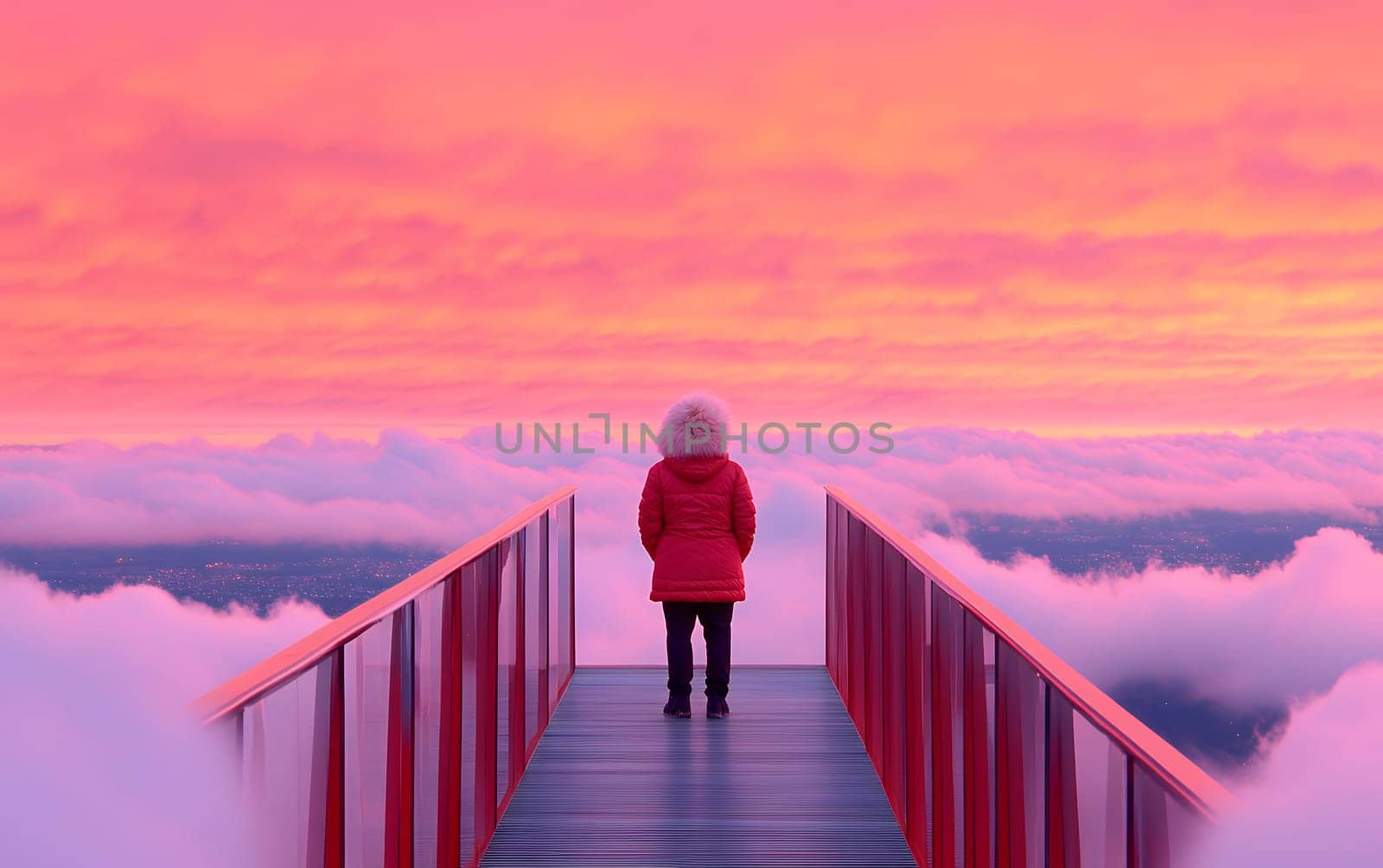 Woman in red coat standing on cloudy pathway overlooking vibrant sunset sky.