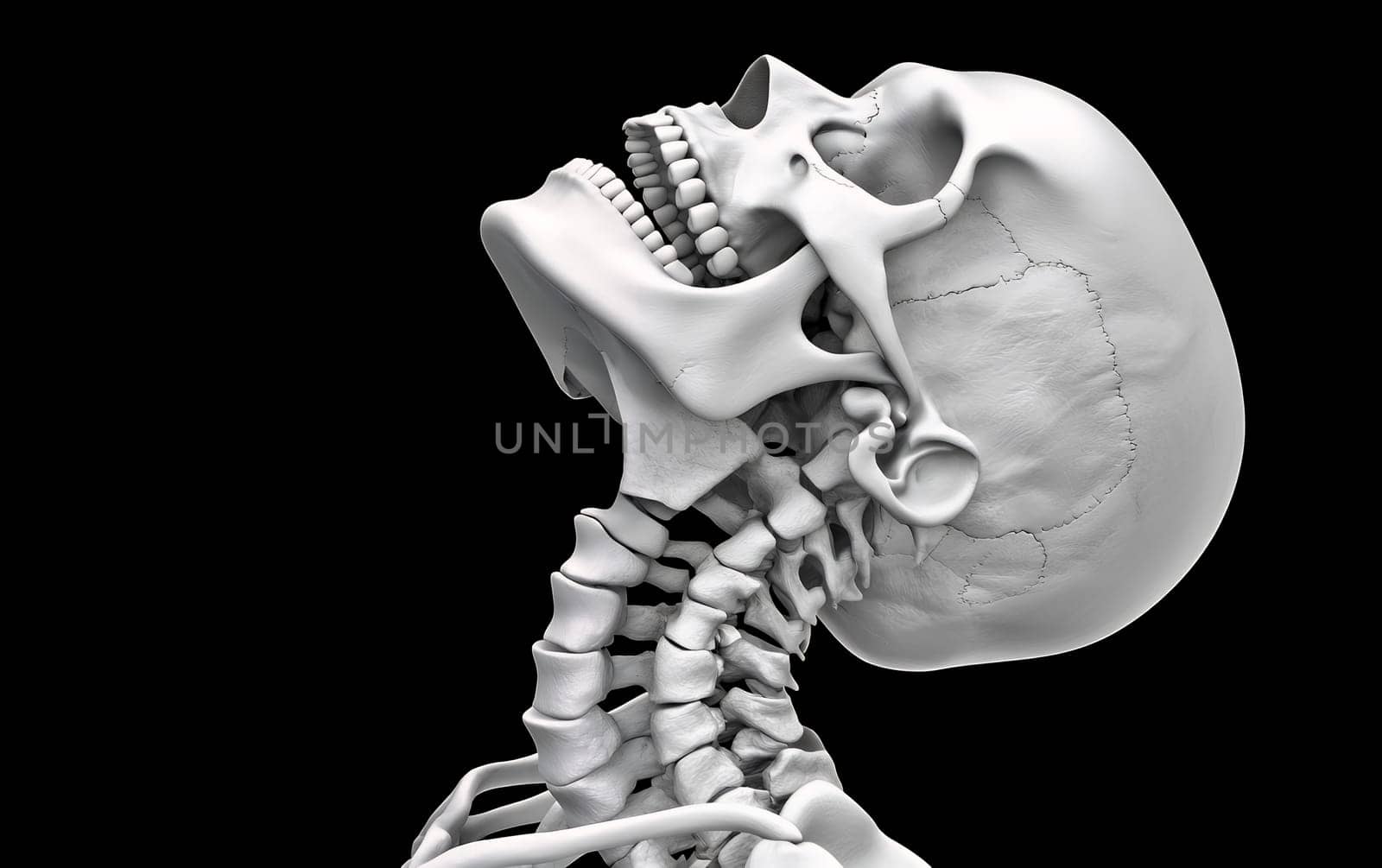 Anatomical side view of human skull and neck bones.