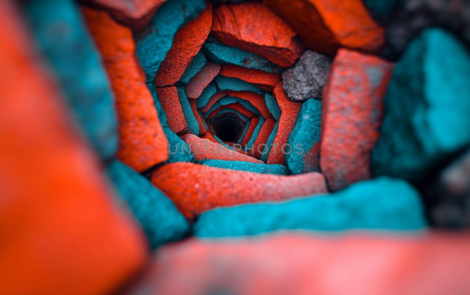 Spiral tunnel of vibrant red and blue stones creating a hypnotic depth illusion.