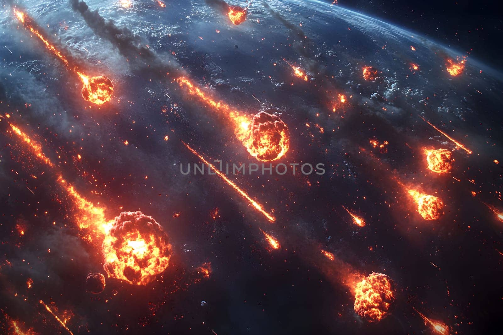 Spectacular display shows multiple meteors blazing through the atmosphere, illuminating the night sky above Earth. Satellite view from space