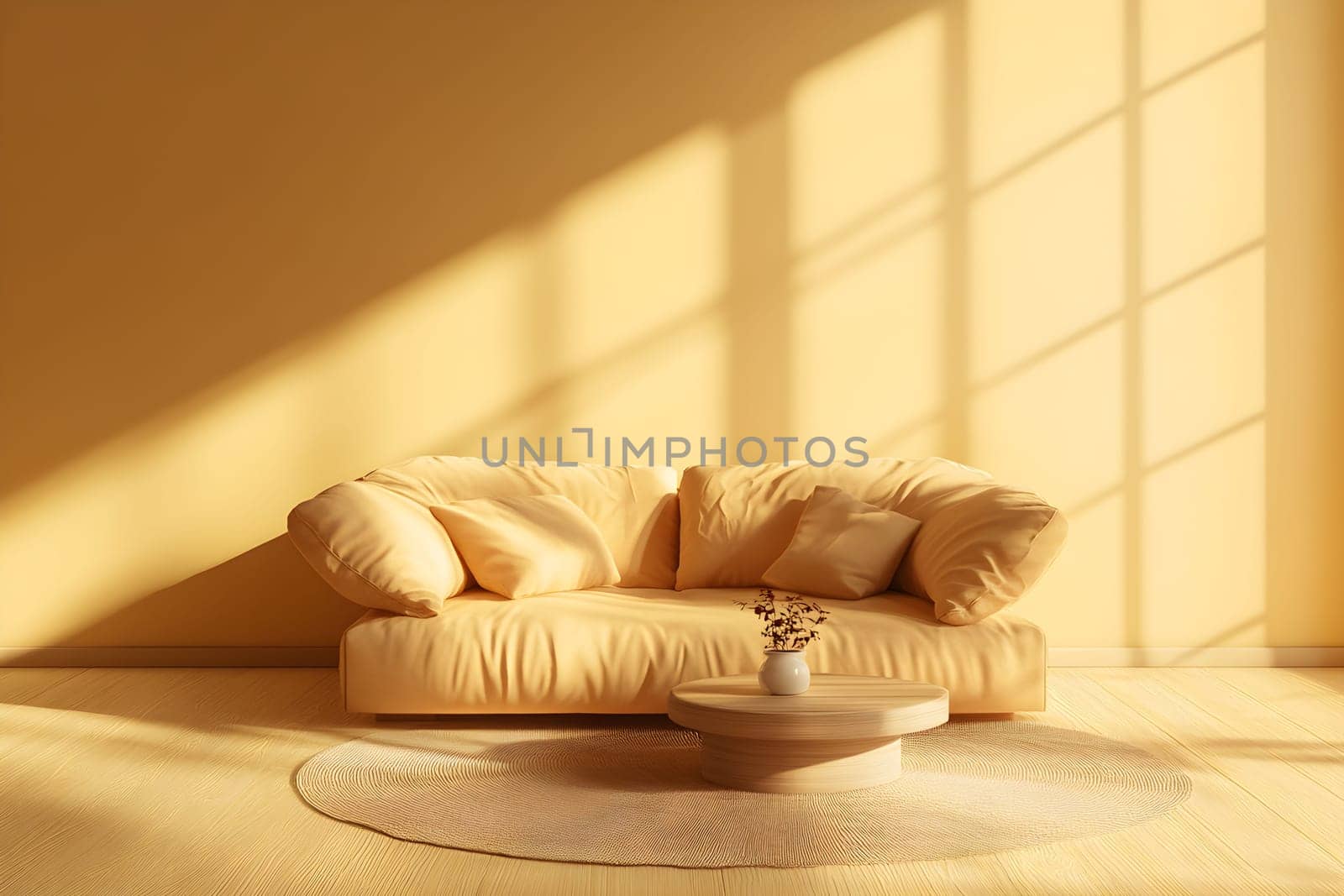 A cozy modern interior showcases yellow color, with a soft yellow sofa and a round coffee table. Natural light floods the space, enhancing the warm atmosphere. Monochrome interior design