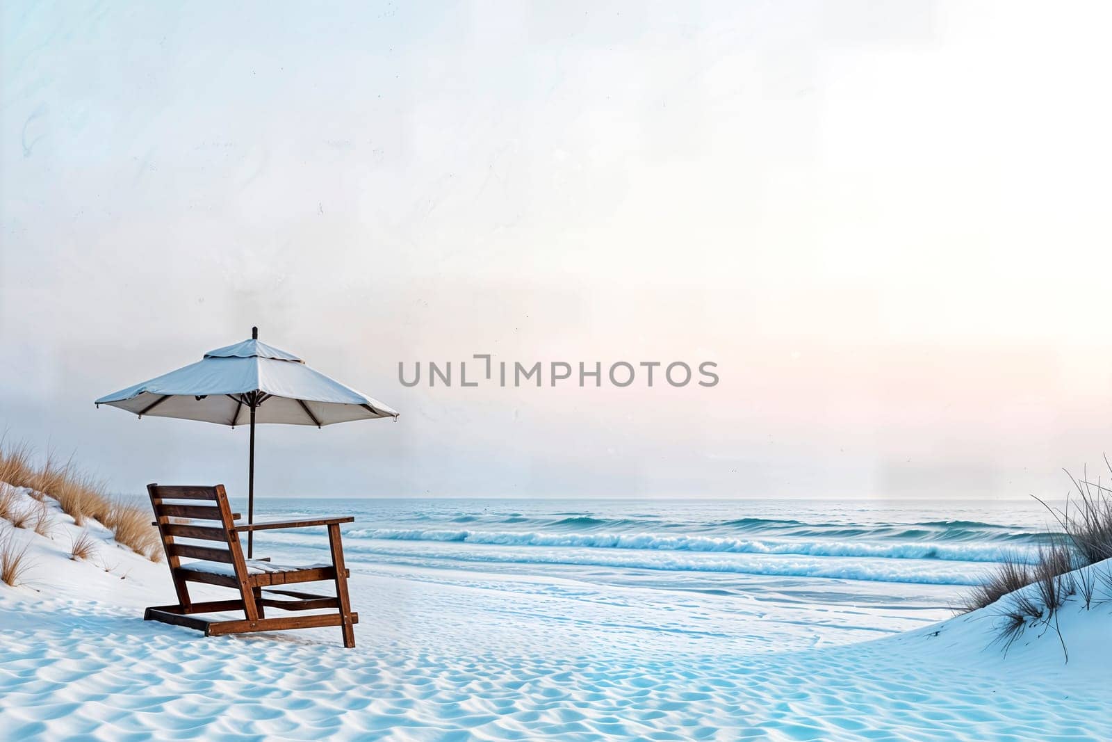 A serene beach covered in white sand or snow, featuring a single wooden chair and a white umbrella facing gentle ocean waves under a soft pastel sky