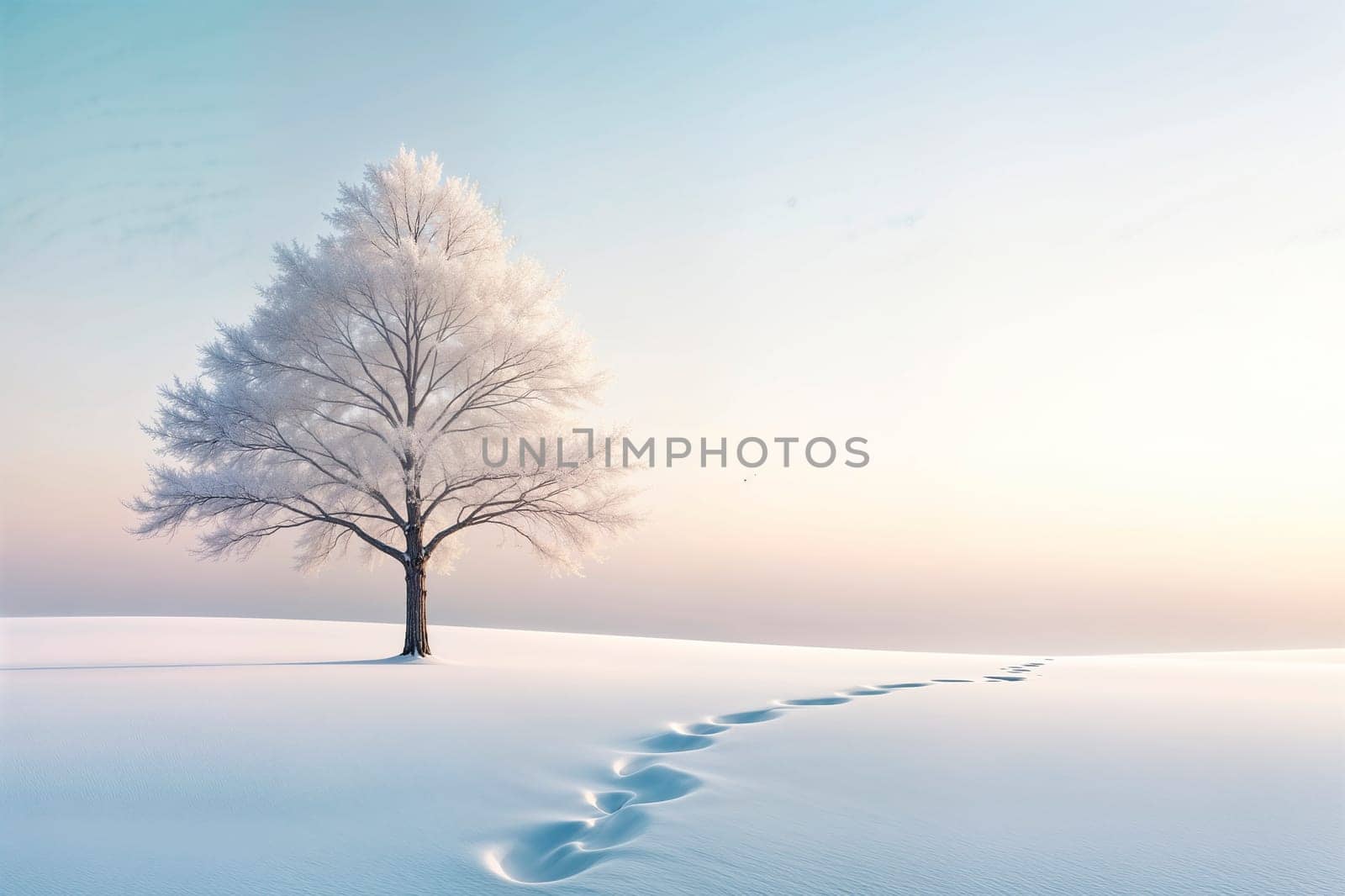 A solitary tree covered in frost stands in a vast snow-covered landscape. The soft light of the winter morning illuminates the snow-covered ground, and footprints lead towards the tree