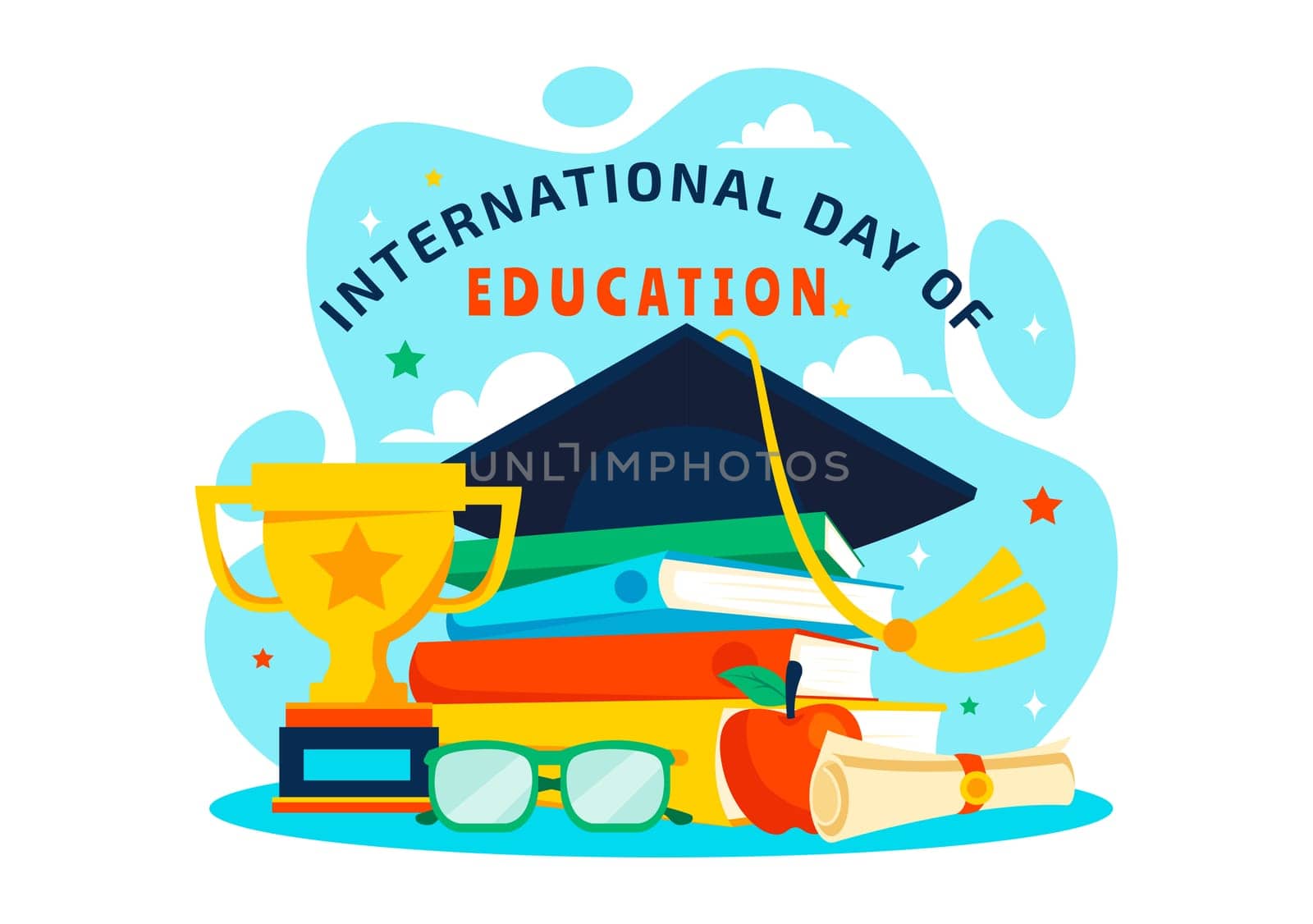 International Education Day Vector Illustration on January 24, Featuring Students, a Globe, and Educational Elements in a Flat Style Background