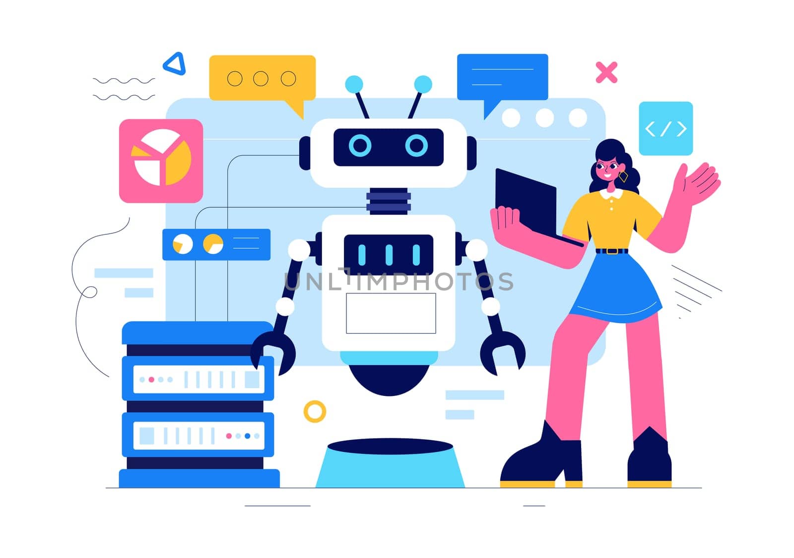 Artificial Intelligence Vector Illustration featuring a Digital Brain, Technology, and Engineering with a Programmer Analyzing Data or Scientific
