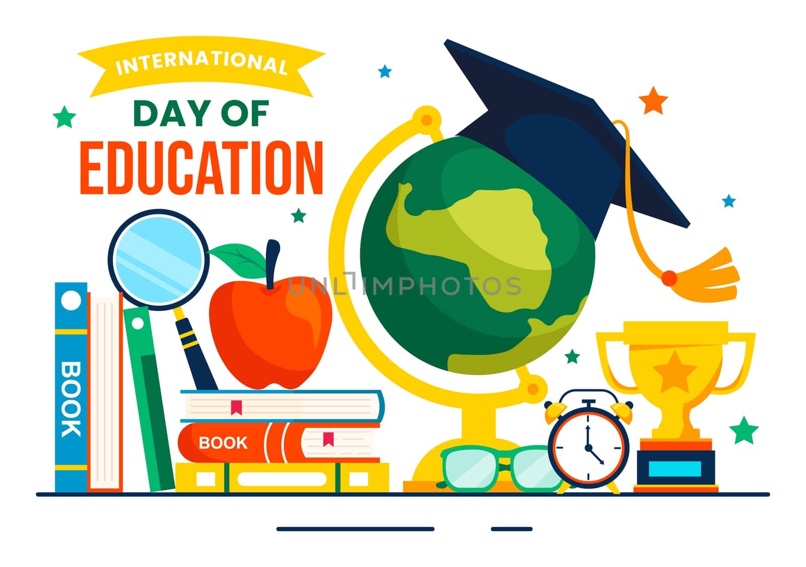 International Education Day Vector Illustration on January 24, Featuring Students, a Globe, and Educational Elements in a Flat Style Background