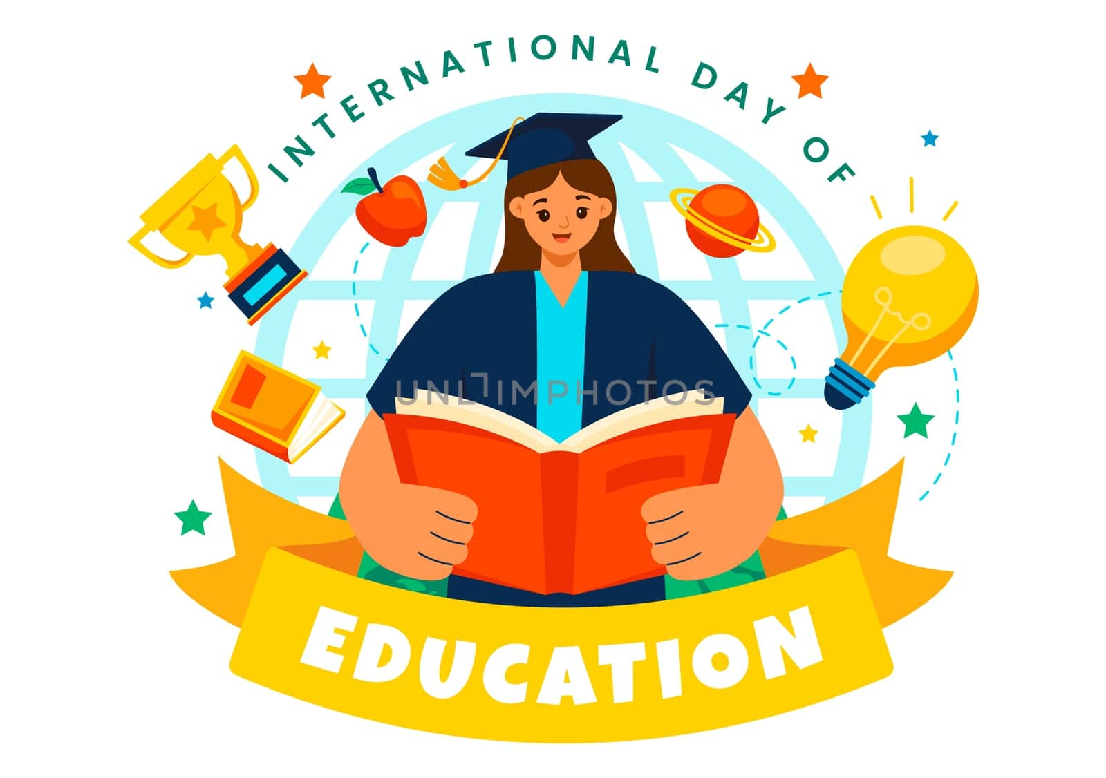 International Education Day Vector Illustration on January 24, Featuring Students, a Globe, and Educational Elements in a Flat Style Background