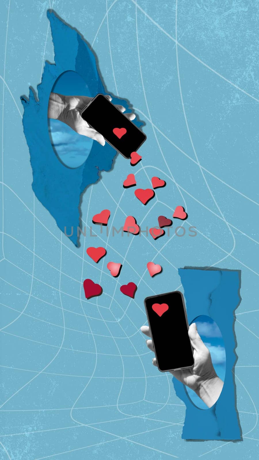 Creative trend abstract collage of hand giving likes as reaction on social media