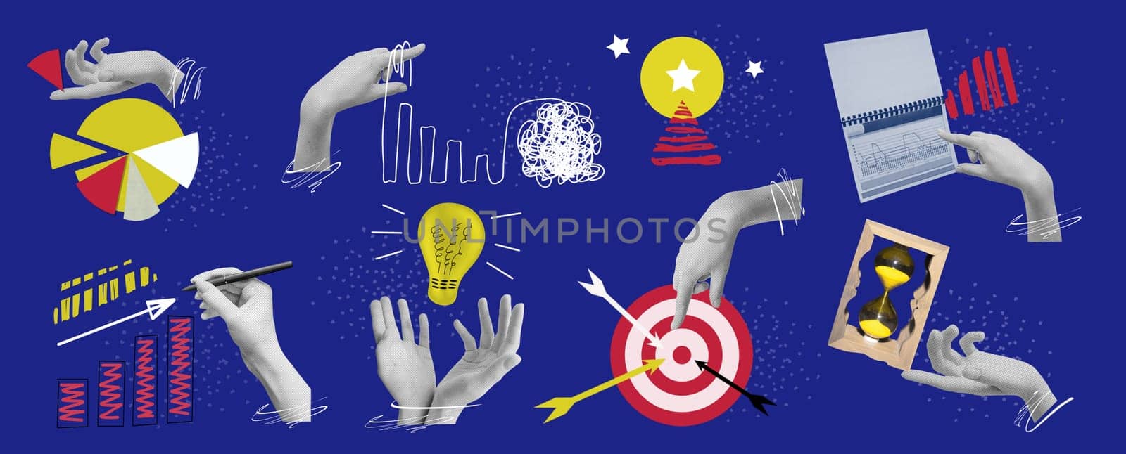 Contemporary collage or art design about main business concepts - sales increase. goal achievement. market share. marketing. leadership and idea